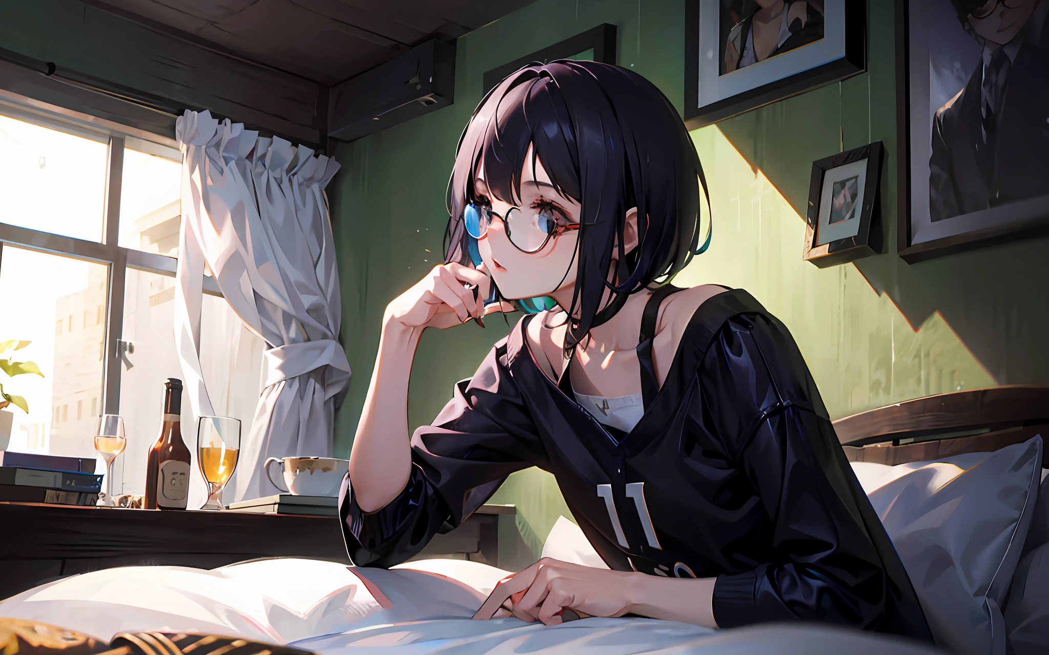 A girl with short hair，lovly，eye glass，emaciated，Poor milk，White，on the beds