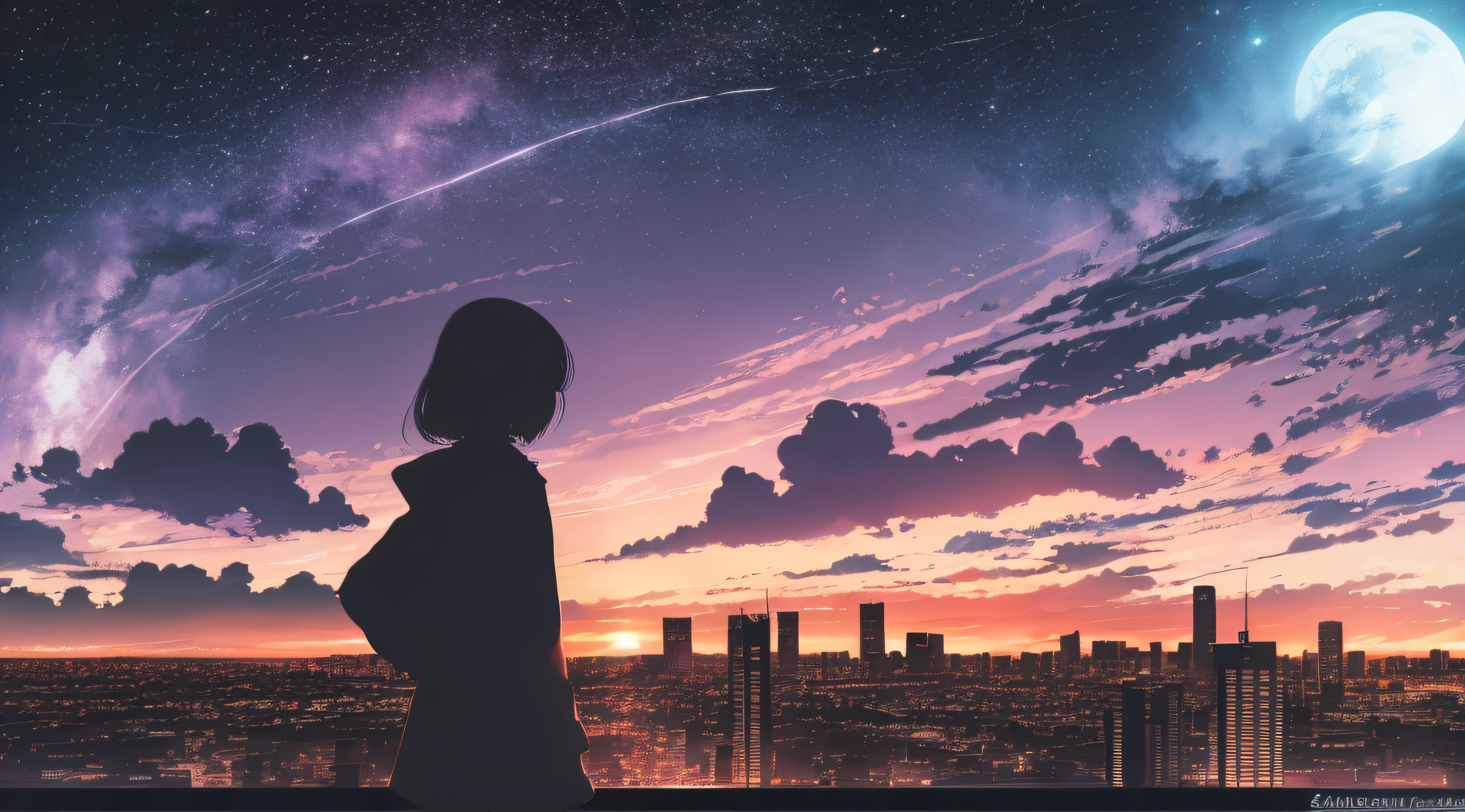 anime,silhouette,1girl, star (sky), cloud, cityscape, building, city, outdoors, skyscraper, city lights, night, night sky, sunset, skyline
