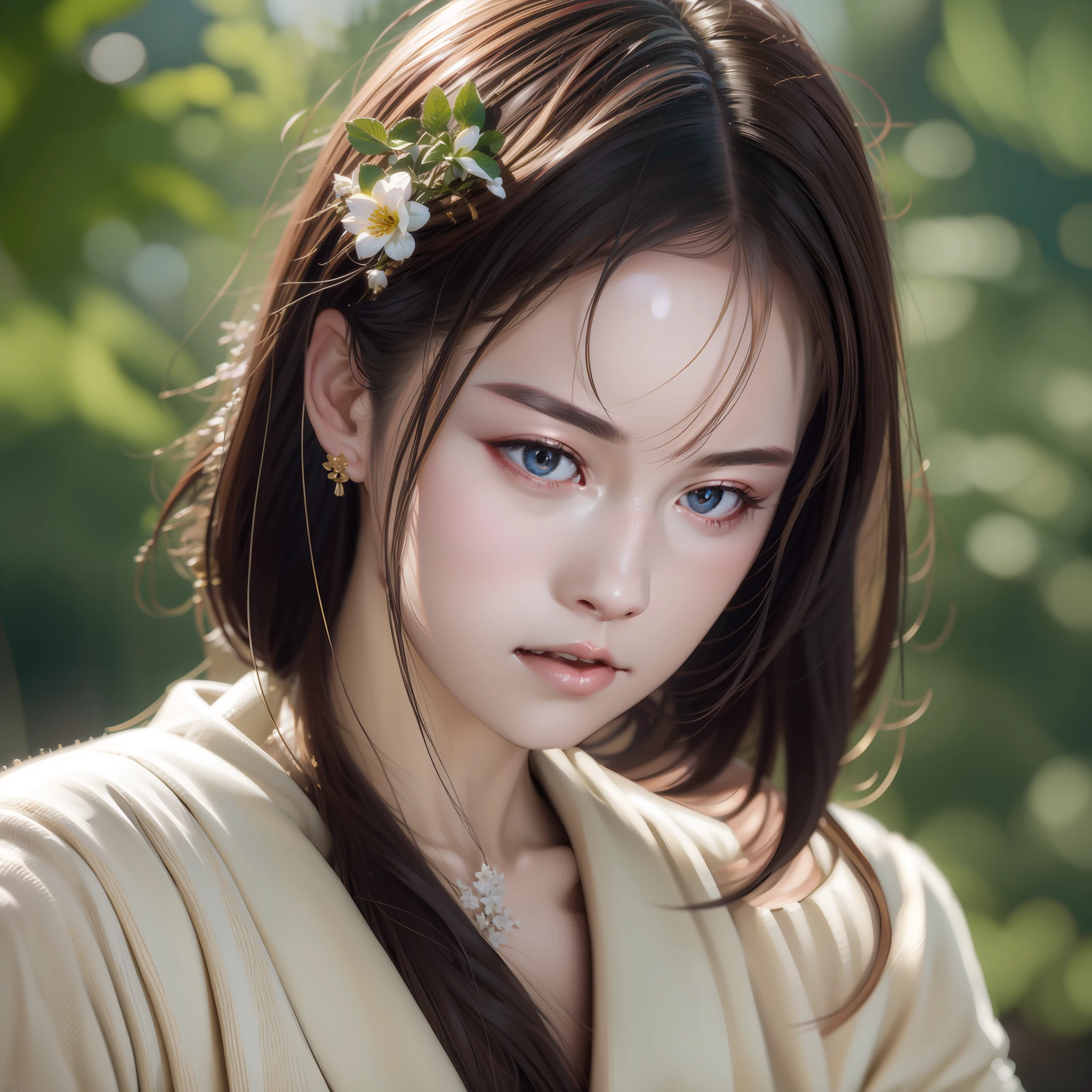 A Chinese girl 18 years old with beautiful eyes, authentic skin,delicated face,Headshot,Hanfu, Clothing details, skin detailed, Slim body,Delicate and delicate, short haircut, A dark-haired, bluntbangs ,Meiyu, best quailty, ultra detali, tmasterpiece, finedetail, A high resolution, 8k 壁纸, realistic detail, skin detailed, ultra detali,A high resolution,extremely detaile,Cinematic lighting texture,Absolutely beautiful,Impeccable,Hi-Def