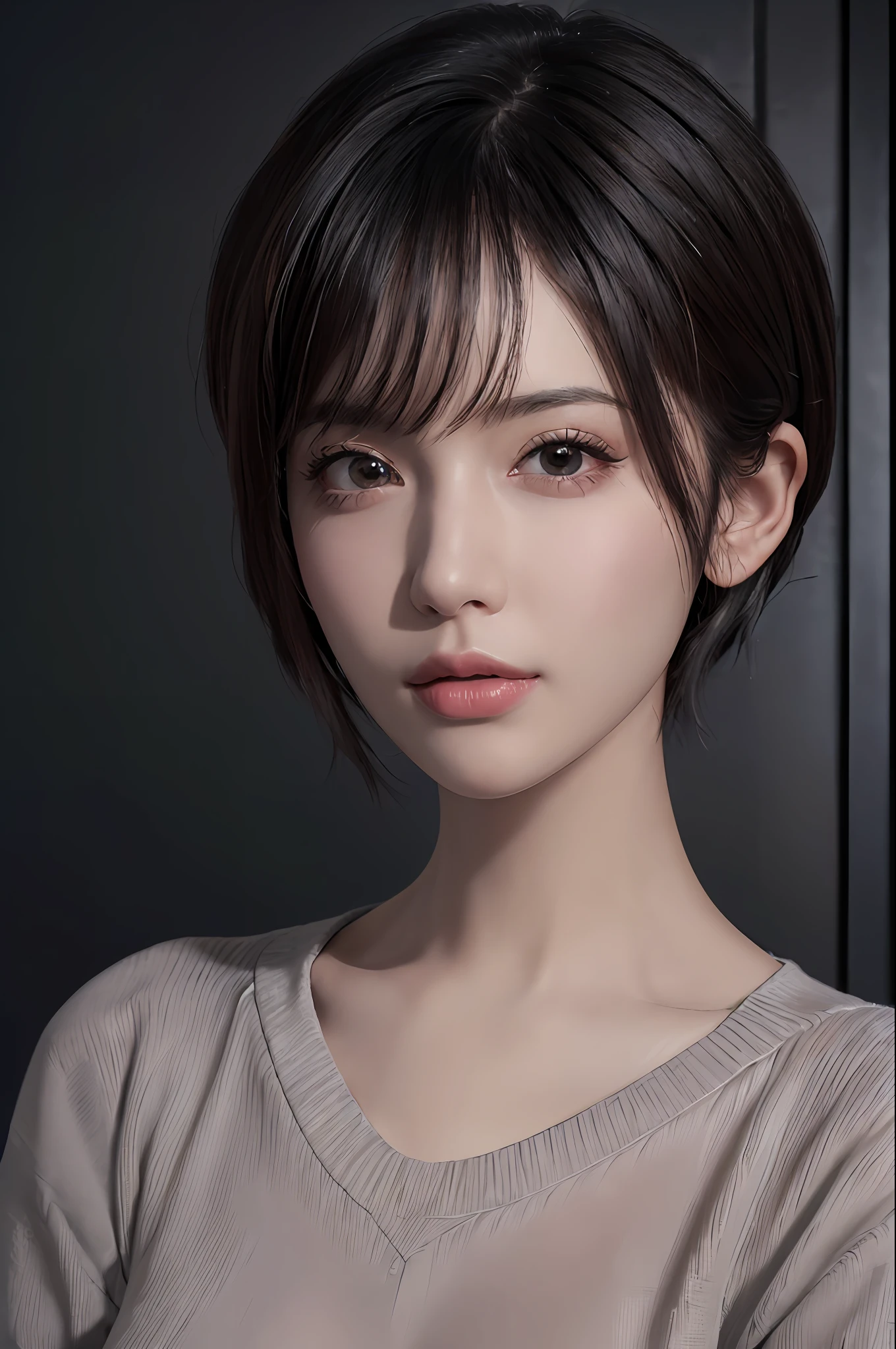 (masterpiece:1.3), (8k, photorealistic, RAW photo, best quality: 1.4), (1girl), beautiful face, (realistic face), (black hair, short hair:1.3), beautiful hairstyle, realistic eyes, beautiful detailed eyes, (realistic skin), beautiful skin, (sweater), absurdres, attractive, ultra high res, ultra realistic, highly detailed, golden ratio