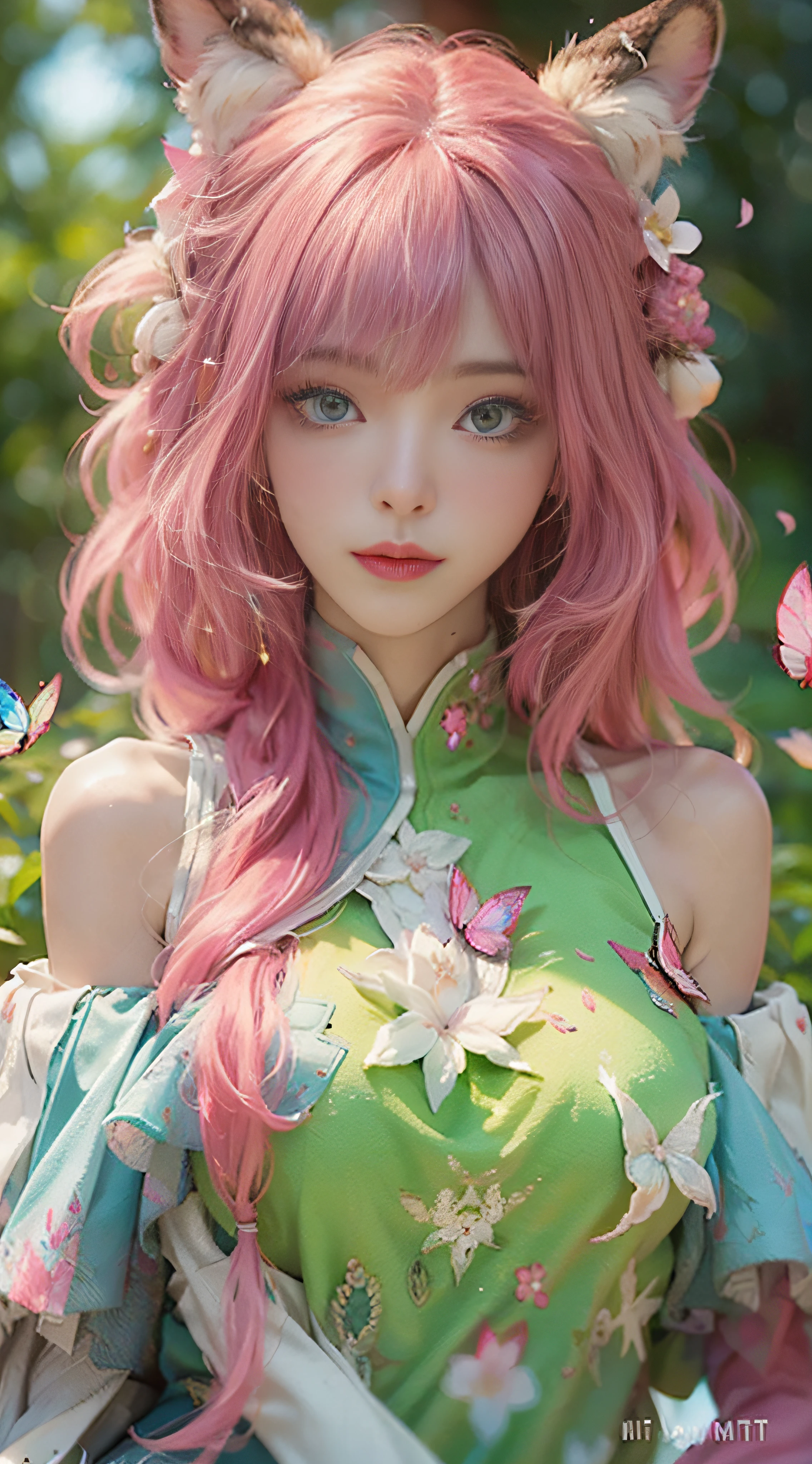 （（best qualitiy））， （（nmasterpiece））， （Detail：1.4）， 3D， Beautiful cyberpunk female images，hdr（High dynamic range），raytraced，NVIDIA RTX，hyper resolution，illusory 5，sub-surface Scattering，PBR textures，post-processed，Anisotropic filtration，deep of field，maximum definition and sharpness，multi-layer texture，Albedo e mapas Speculares，Surface Coloring，Mitsu-Accurate simulation of material interactions，perfectly proportioned，octane rendered，Two-colored light，Large aperture，Low ISO，White balance，Rule three points、8K raw data、beautiful bright pupils，off-the-shoulder clothes，Fine pupils，Delicate face and eyes，long eyelash，Blushlush，Delicate and fluffy hair，Pink lips，Pure，cute pubic hair，Sweet girl，Artistic sense，Casual wear，Advancedsense，Butterflies，Cherry blossom petals，Beautiful hair accessories，Pink hair，fox ear