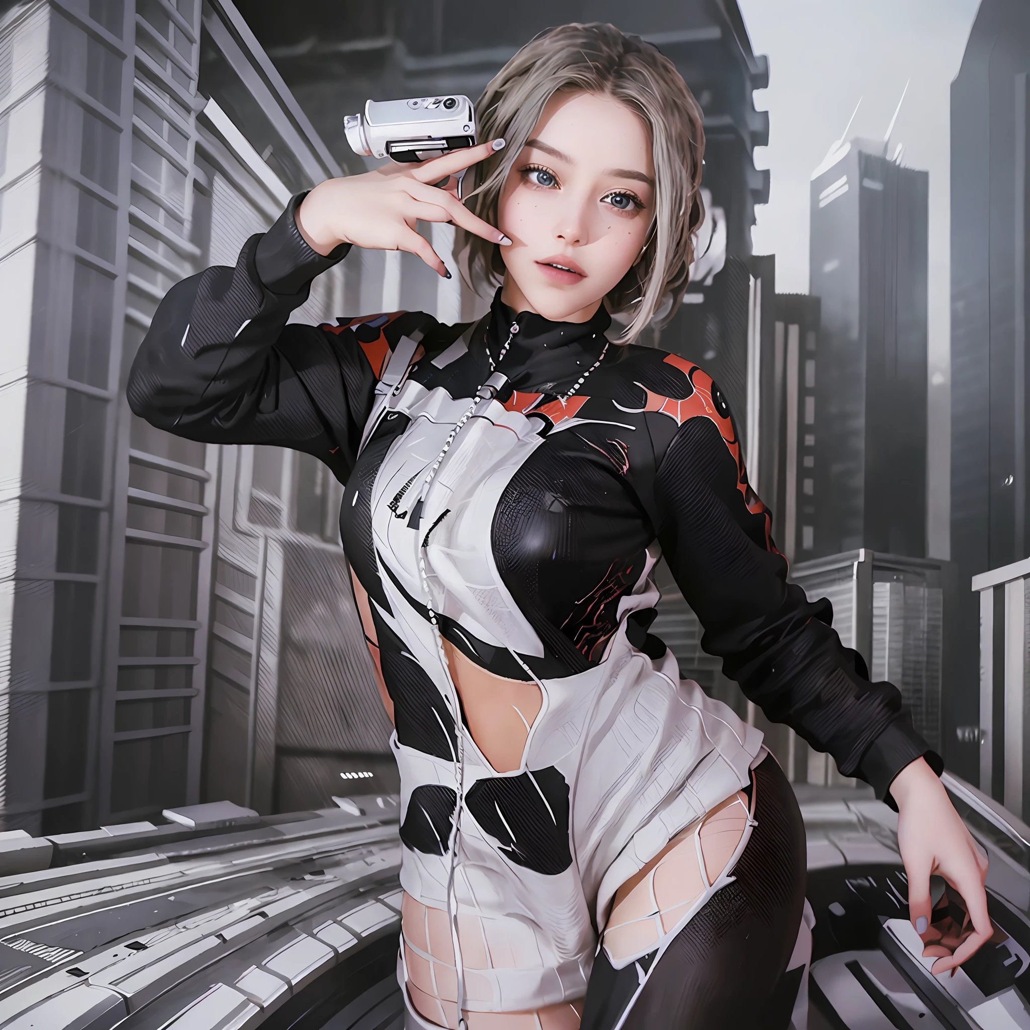 (1girl:1.3), Solo, (((Very detailed face)))), ((Very detailed eyes and face)))), Beautiful detail eyes, Body parts__, Official art, Unified 8k wallpaper, Super detailed, beautiful and beautiful, beautiful, masterpiece, best quality, original, masterpiece, super fine photo, best quality, super high resolution, realistic realism, sunlight, full body portrait, amazing beauty, dynamic pose, delicate face, vibrant eyes, (from the front), She is wearing a Spider-Man suit, red and black color scheme, spider, very detailed city roof background, rooftop, overlooking the city, detailed face, detailed complex busy background, messy, gorgeous, milky white, highly detailed skin, realistic skin details, visible pores, clear focus, volumetric fog, 8k uhd, DSLR camera, high quality, film grain, fair skin, photo realism, lomography, future dystopian megalopolis,