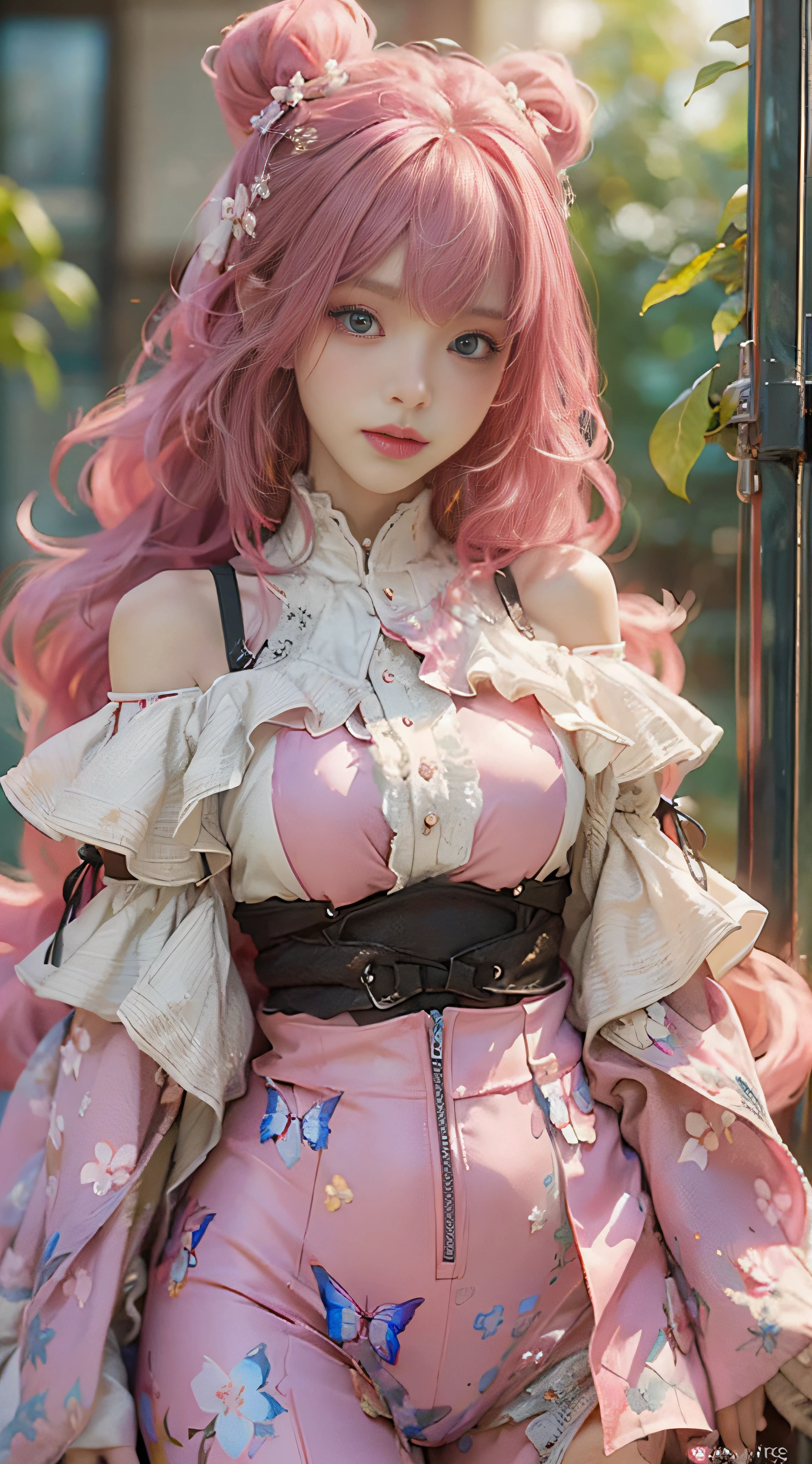 （（optimal quality））， （（masterpaintings））， （Detail：1.4）， 3D， Beautiful cyberpunk female images，hdr（HighDynamicRange），raytrace，NVIDIA RTX，Hyper-Resolution，illusory 5，sub-surface Scattering，PBR textures，post-processed，Anisotropy Filtering，depth of ﬁeld，maximum definition and sharpness，multi-layer texture，Albedo e mapas Speculares，Surface Coloring，Mitsu-Accurate simulation of material interactions，perfectly proportioned，octane render of the，Two-colored light，Large aperture，Low ISO，White balance，Rule three points、8K raw data、beautiful bright pupils，off-the-shoulder clothes，Fine pupils，Delicate face and eyes，long eyeslashes，Blushlush，Delicate and fluffy hair，Pink lips，Pure，cute pubic hair，Sweet girl，Artistic sense，Casual wear，Advancedsense，Butterflies，Cherry blossom petals，Beautiful hair accessories，Pink hair，fox ear