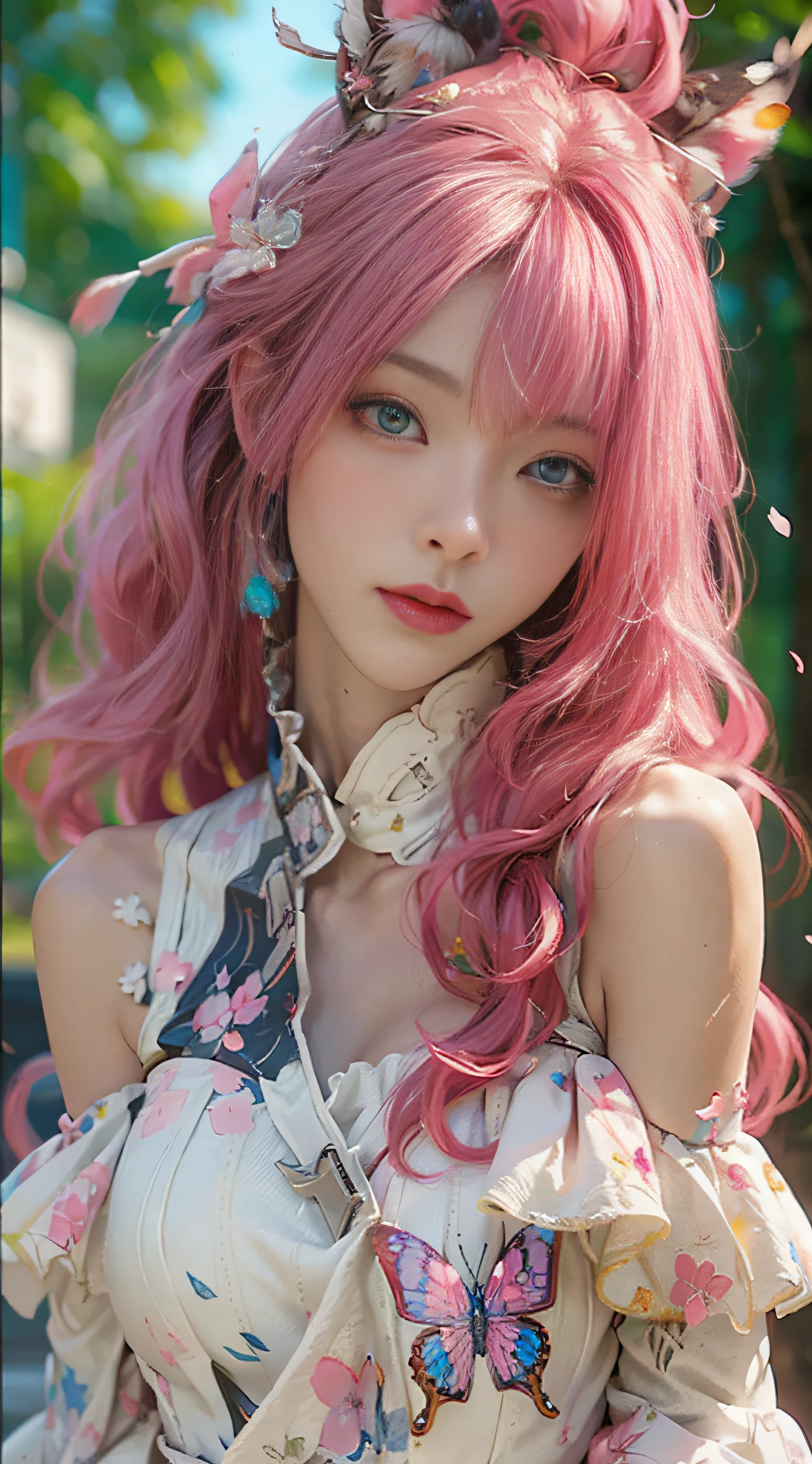 （（optimal quality））， （（masterpaintings））， （Detail：1.4）， 3D， Beautiful cyberpunk female images，hdr（HighDynamicRange），raytrace，NVIDIA RTX，Hyper-Resolution，illusory 5，sub-surface Scattering，PBR textures，post-processed，Anisotropy Filtering，depth of ﬁeld，maximum definition and sharpness，multi-layer texture，Albedo e mapas Speculares，Surface Coloring，Mitsu-Accurate simulation of material interactions，perfectly proportioned，octane render of the，Two-colored light，Large aperture，Low ISO，White balance，Rule three points、8K raw data、beautiful bright pupils，off-the-shoulder clothes，Fine pupils，Delicate face and eyes，long eyeslashes，Blushlush，Delicate and fluffy hair，Pink lips，Pure，cute pubic hair，Sweet girl，Artistic sense，Casual wear，Advancedsense，Butterflies，Cherry blossom petals，Beautiful hair accessories，Pink hair，fox ear