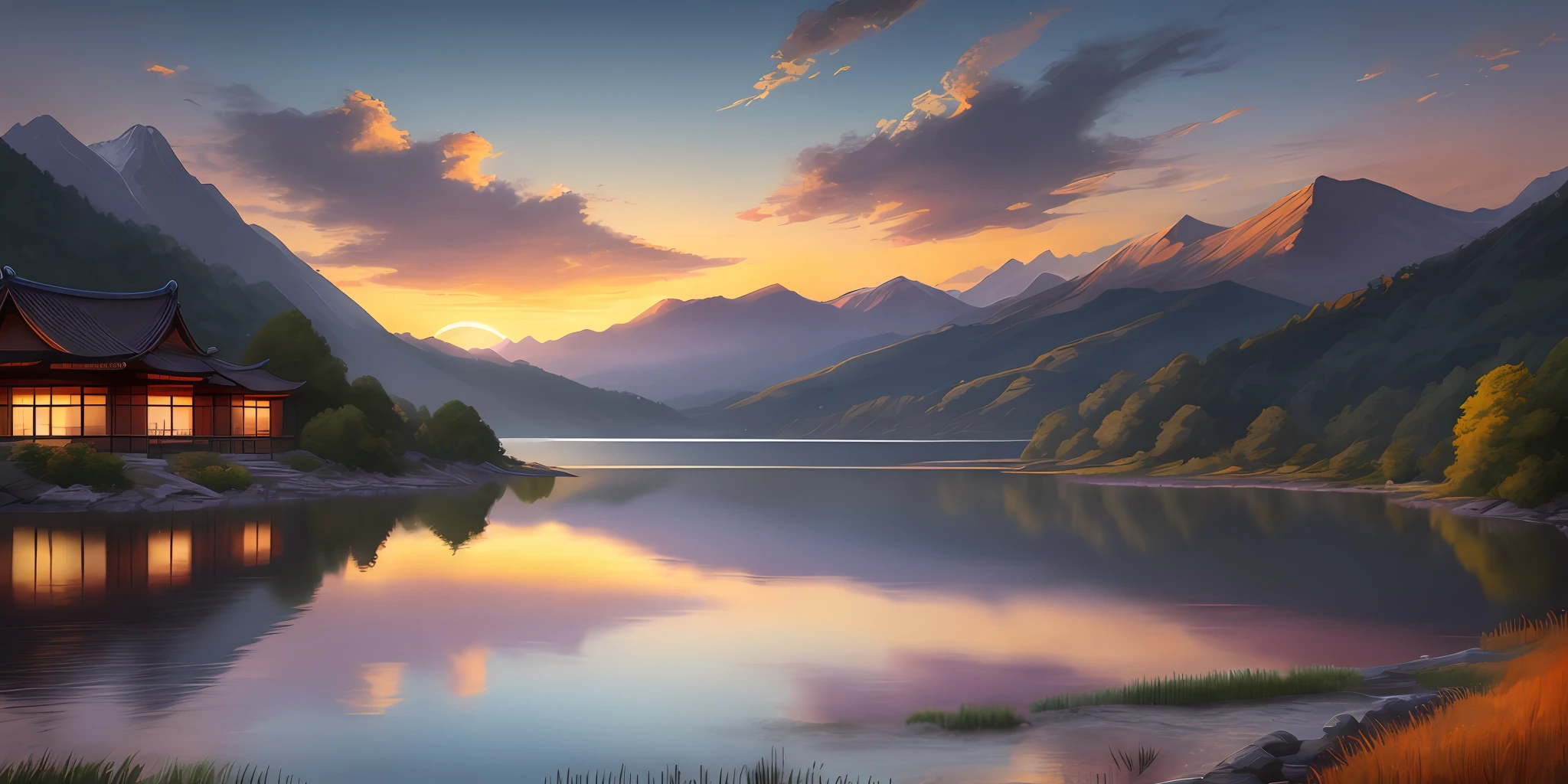 Chinese style,1.2 shades,the setting sun,golden colored,Mild shadows,Bright colors,Picture effects,Calm water、Fantasy atmosphere。Break,lakes、Mountains、glint、Sunlit clouds,Quiet atmosphere,Poetic sunset in the countryside。Orange colors,Blue and purple twilight,hdr,primitive,Long exposure 8K HD,ultra detali,offcial art。 --v 6