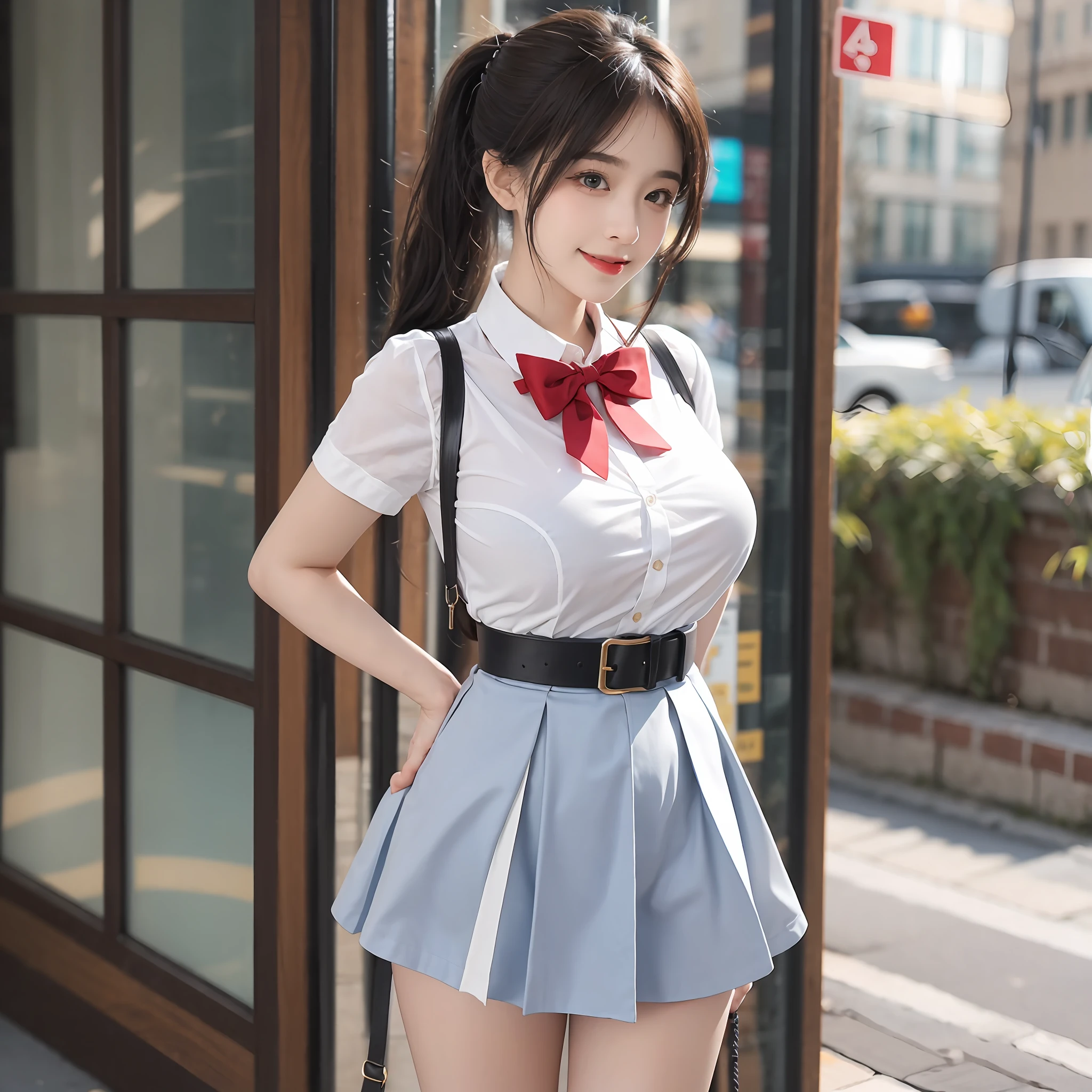 (OriginalPhoto:1.2), (Photorealistic:1.4), 1girl huge large breasts, ,extremely cute，With a smile，beautiful detailed girl, very detailed eyes and faces, Beautiful detailed eyes, hugefilesize, ultra detali, A high resolution, abundantly detailed，best quailty，tmasterpiece，illustratio，abundantly detailed，CG，unified，8K wallpapers，Amazing，finely detailled，tmasterpiece，best quailty， Wallpapers，light in face，Movie lighting:nipple tops：White swing blue stripe short-sleeved shirt bottom：Solid blue A-line skirt belt：Red lace-up belt accessory：Red bow tie tie、White leg socks、Black school shoes（No leakage），（Physiognomy lens）,Black ponytail，perfectbody，Standing posture，Medium view，Random beauty in the background。