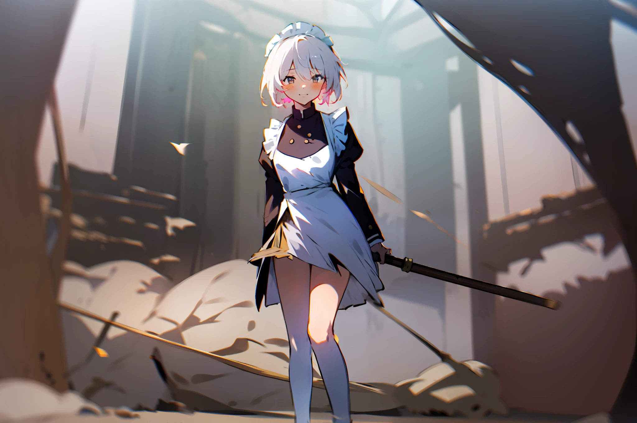 (tmasterpiece，Best picture quality，8K，Abeautifulgirl，A natural smile，short  skirt，White knee-length socks，The movements are natural and elegant，Maid uniform，gentleness，lovly，C-cup，broom)