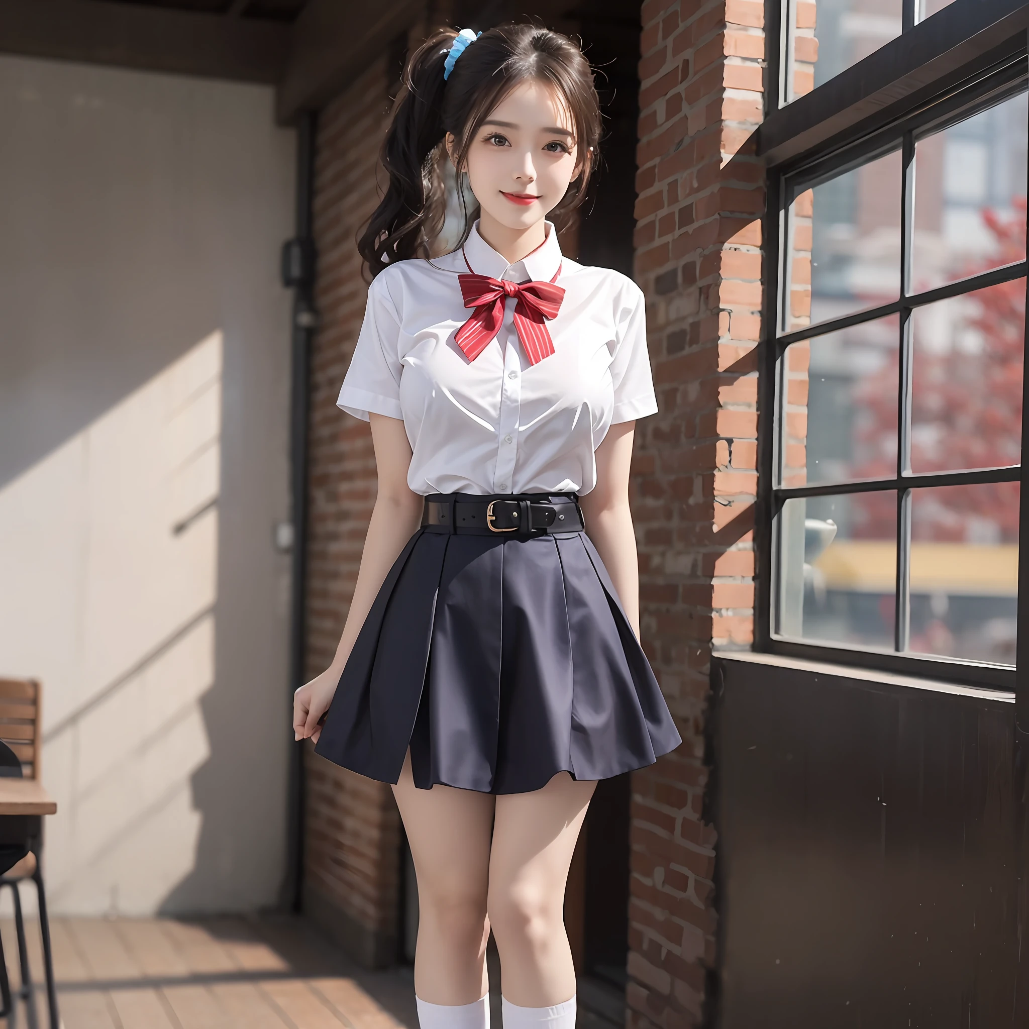 (OriginalPhoto:1.2), (Photorealistic:1.4), 1girl huge large breasts, 16 years old,Extremely cute,Slim,Little girl with buds to be put,With a smile,beautiful detailed girl, very detailed eyes and faces, Beautiful detailed eyes, hugefilesize, ultra detali, A high resolution, abundantly detailed,best quailty,tmasterpiece,illustratio,abundantly detailed,CG,unified,8K wallpapers,Amazing,finely detailled,tmasterpiece,best quailty, Wallpapers,light in face,Movie lighting:nipple tops:White swing blue stripe short-sleeved shirt bottom:Solid blue A-line skirt belt:Red lace-up belt accessory:Red bow tie tie、White leg socks、Black school shoes(No leakage),(Physiognomy lens),Black ponytail,Mature and perfect body,Standing posture,Medium view,Random beauty in the background。