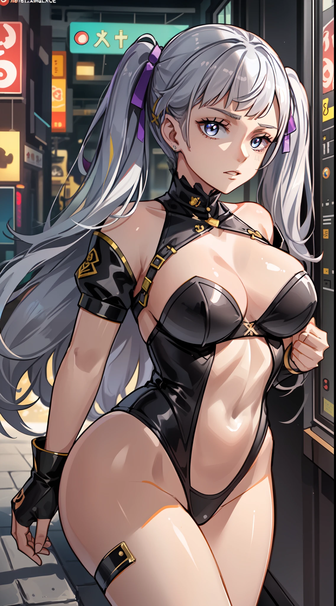 (fondo de pantalla CG 8k extremadamente detallado:1.1),High resolution, Piel corporal detallada, contraste, Color, Sombras, Fondo de la calle,1girl,Ahora,cabello largo, twintails, flequillo, pendiente, joyas, cabello plateado, (ojos morados),manos en las caderas,desnudo,pecho grande,Curvaceous Body