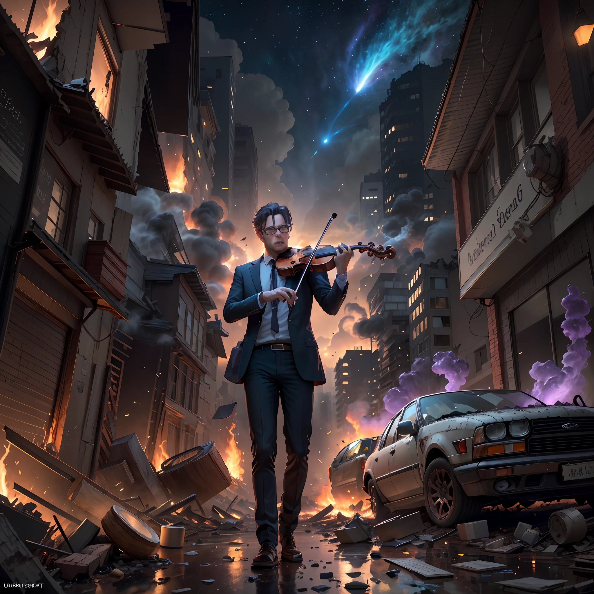 imagine an image of man playing violin calmly in the street of ruined city, wearing suit, detailed hands and fingers, huge fires and dense smoke, supernova at sky, night time, scene is full of some destroyed cars, scattered glasses and broken pieces, perplexed and scary environment, violet colour overwhelmed, at the movement of surprise and breathtaking, hyper realistic, detailed hands and violin, ultra detailed, unreal engine, octane render, UHD, 8k resolution, masterpiece, front view``
Model: ``Sreal``
*(Generating now...)*