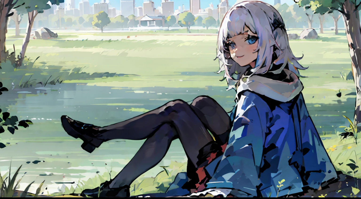 Girl sitting on the grass in stockings