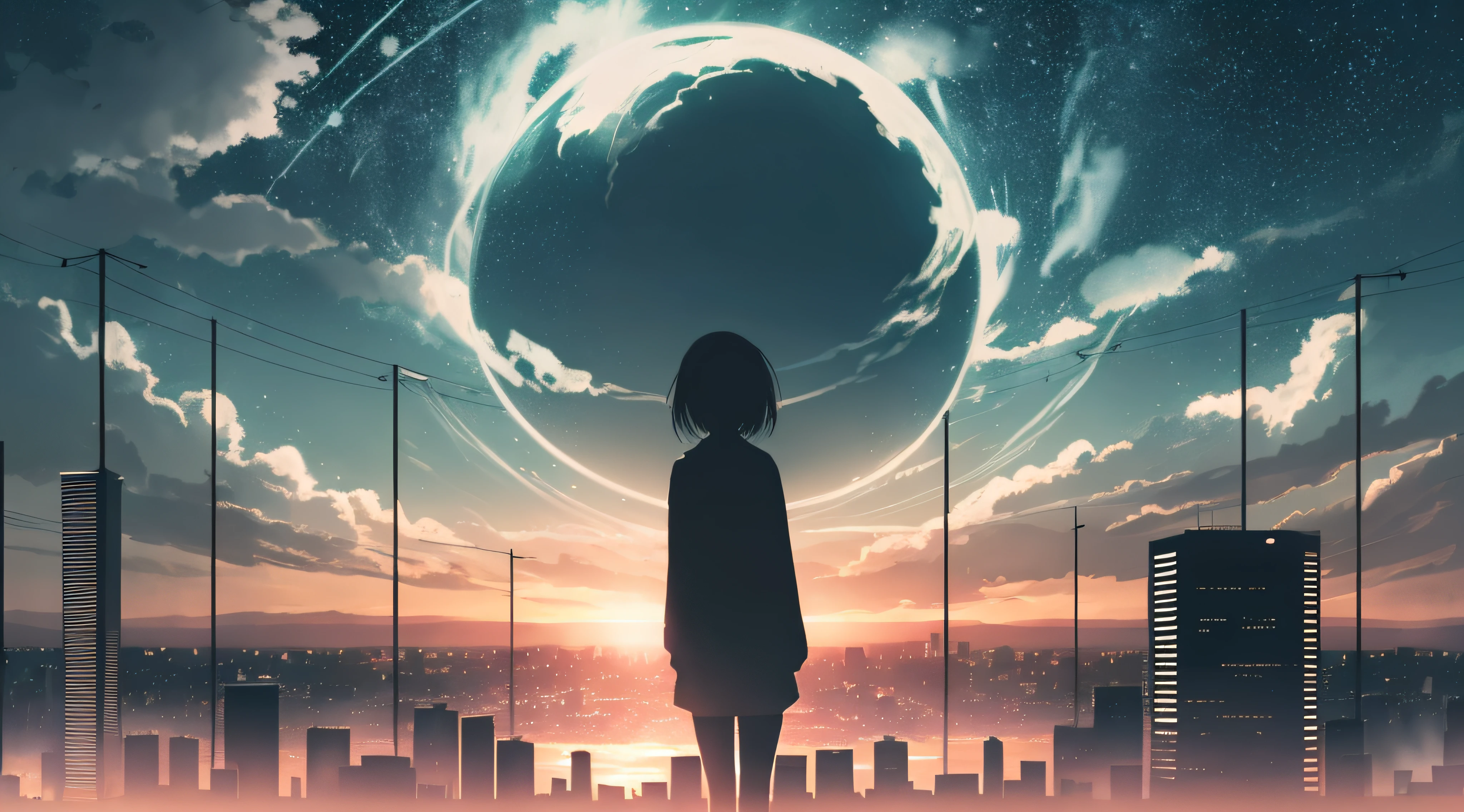 anime,silhouette,1girl, star (sky), cloud, cityscape, building, city, outdoors, skyscraper, city lights, night, night sky, sunset, skyline