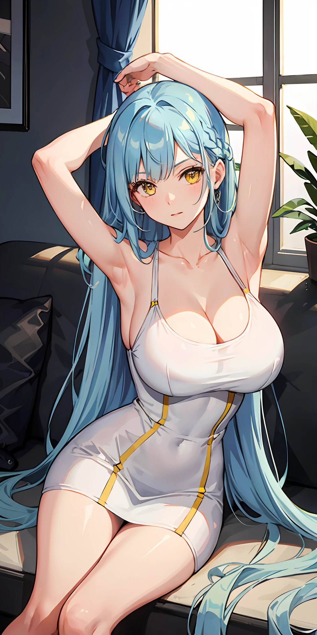 Light blue hair, long hair, yellow eyes, massive boobs, collarbone, bare shoulder, tight dress, sitting, arms up, armpits
