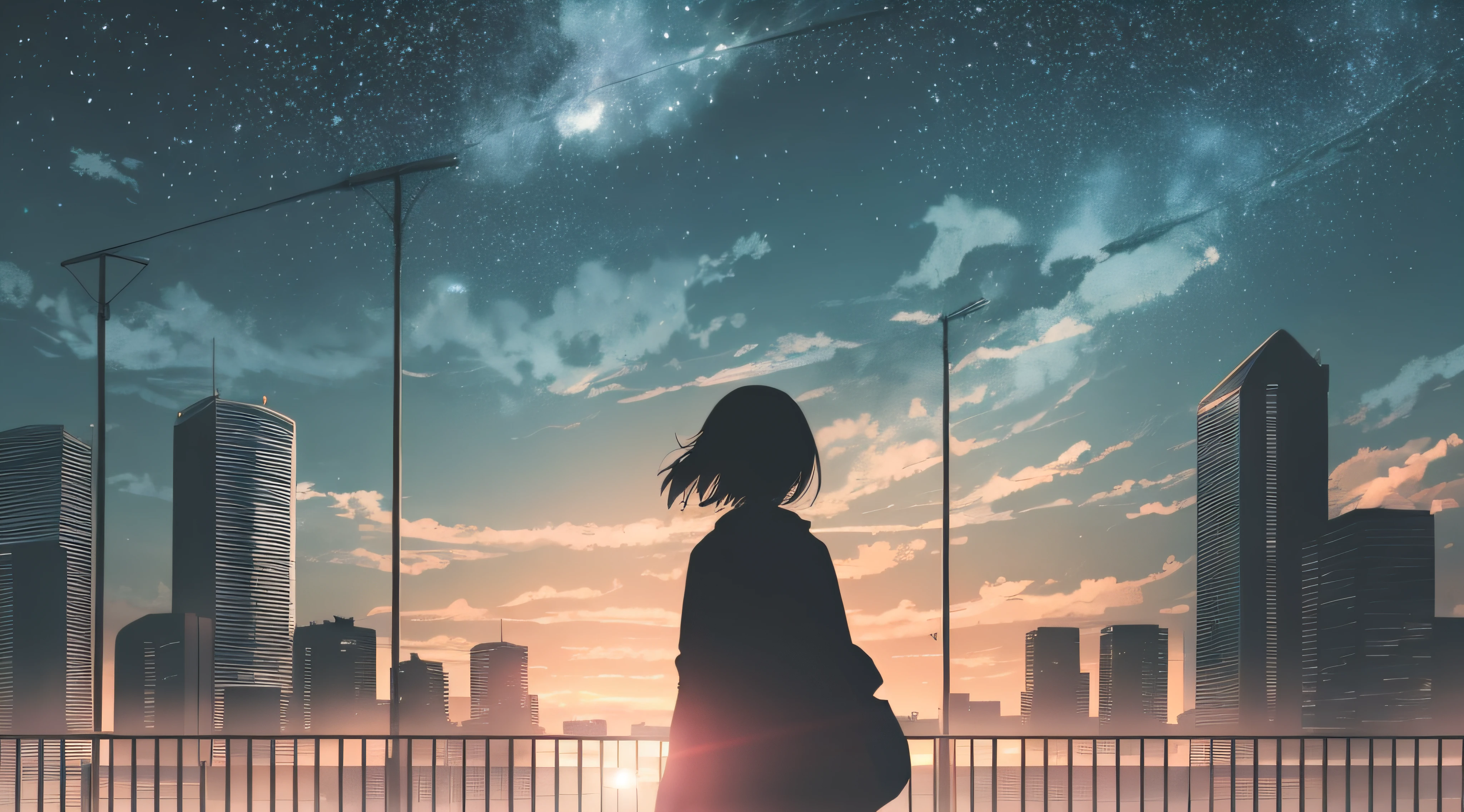 anime,silhouette,1girl, star (sky), cloud, cityscape, building, city, outdoors, skyscraper, city lights, night, night sky, sunset, skyline