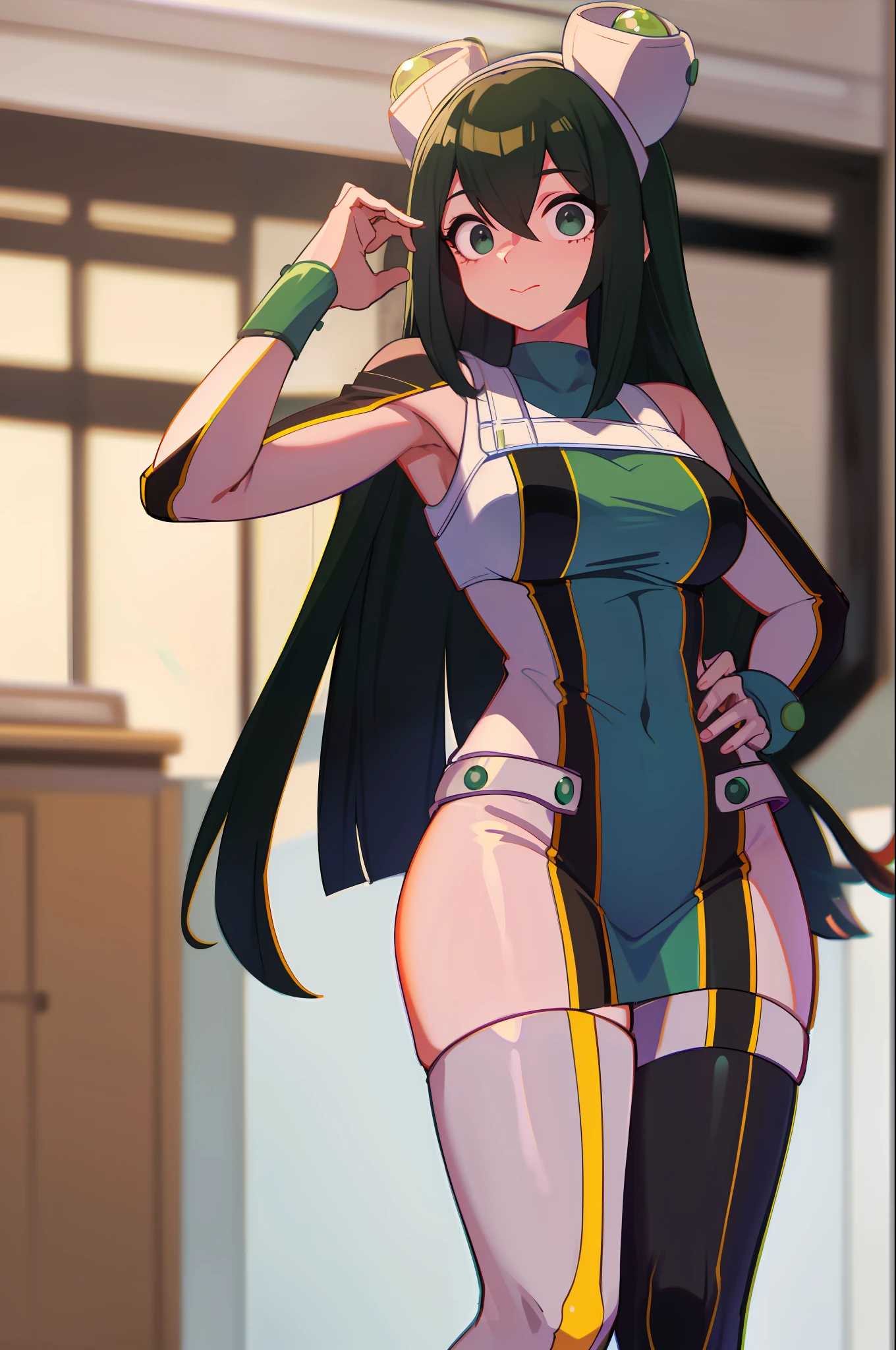 ((obra-prima, melhor qualidade)), tsuyu asui, roupa de banho, mulher bonita, roupa detalhada, alta qualidade, ombros, olhando pro telespectador, detailed hands, rosto bonito, pele clara, corpo feminino, corpo proporcional, corpo bonito