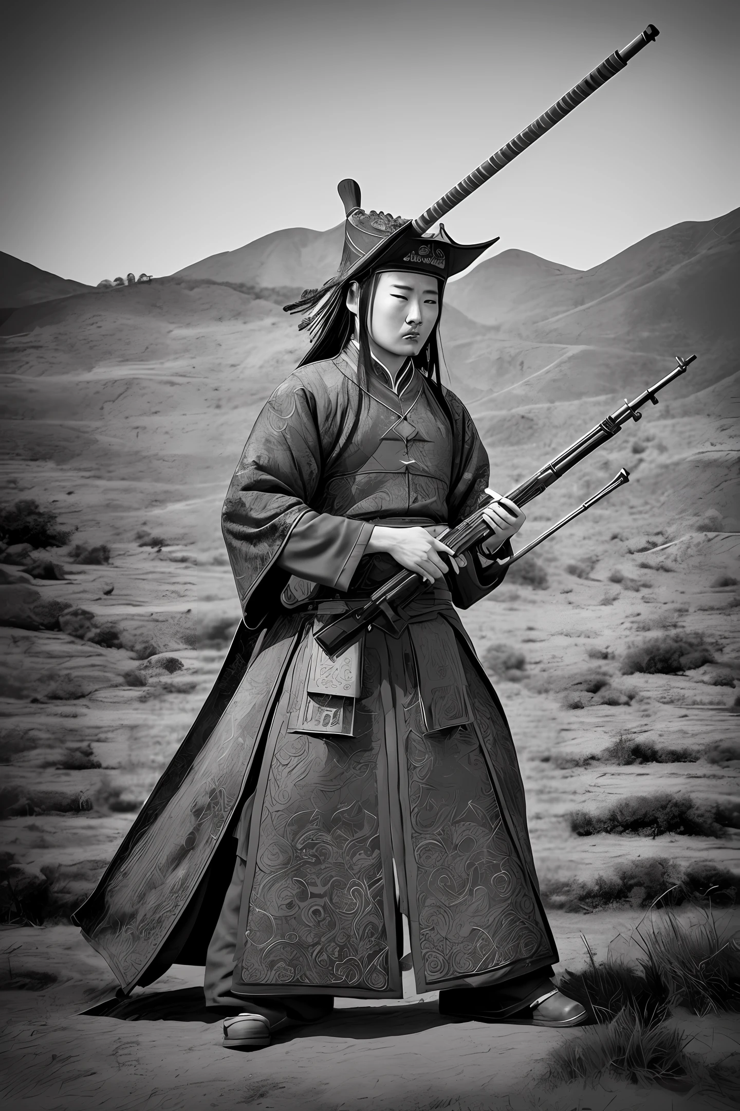 Machine gun Qin dynasty black and white