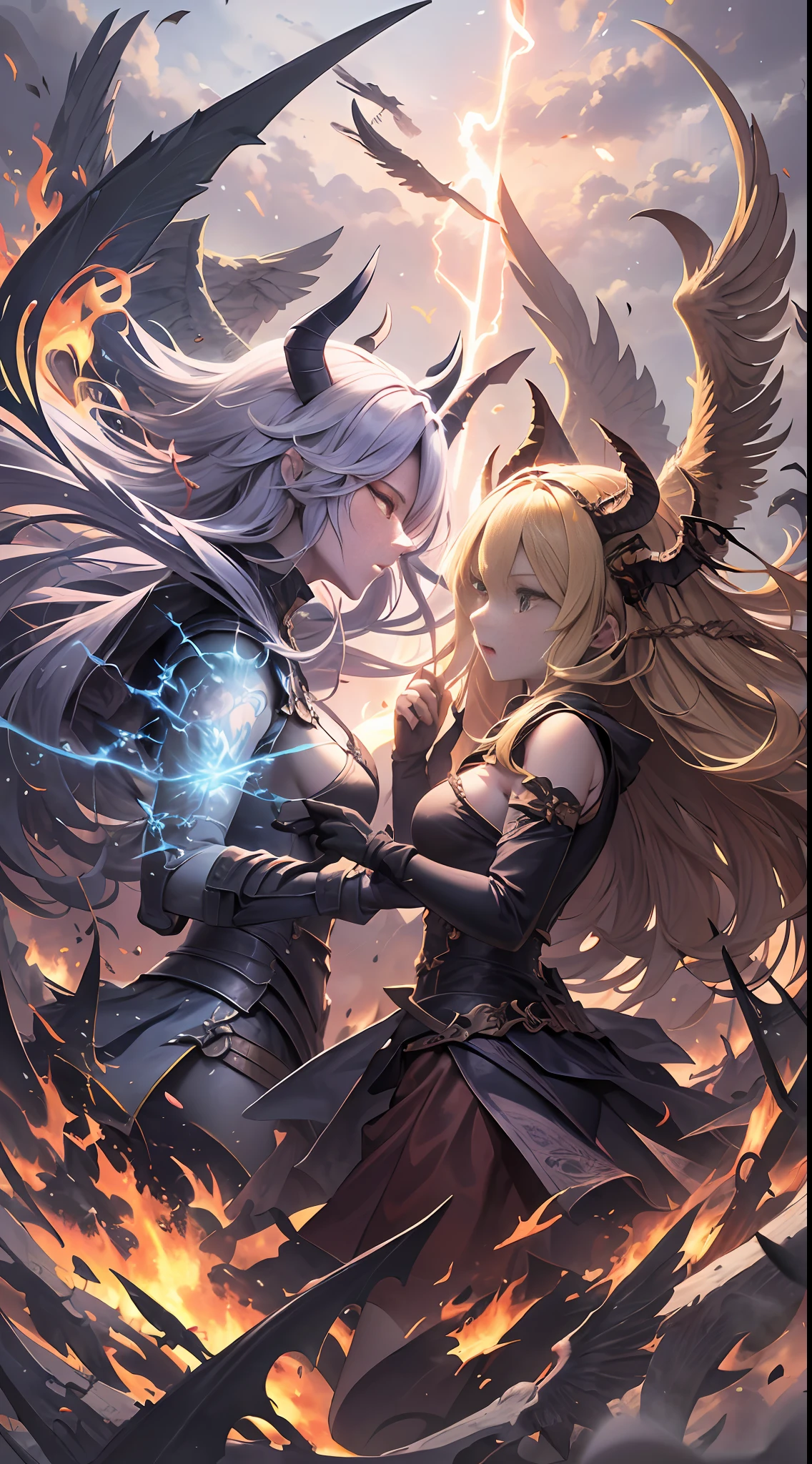 ((best quailty)), ((Verism)), ((tmasterpiece))，twins，2girls，The angel，devils，Wings，In an epic battle，A radiant angel clashes with a fire-breathing demon。Angels spread their wings and soared，Armed with a shining sword and lightning power。The demon roared，Spit out raging fire，Sharp sharp corners in hand。The backdrop of the battle is a burning hell，Full of fire and chaos。（pov fpov，Cinematic light：1.2）