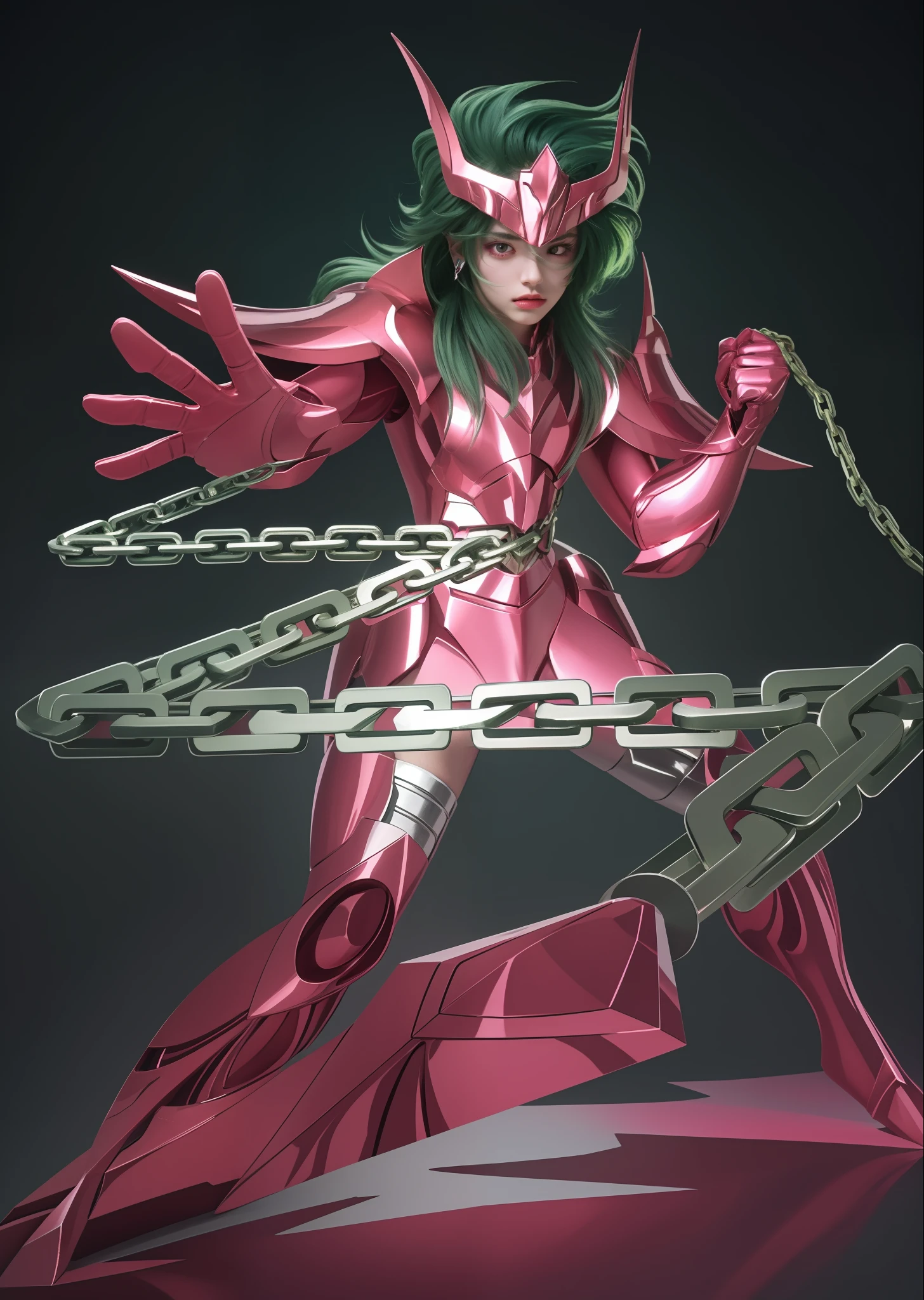 Saint Seiya,Beautiful girl in pink armor,Green hair,Surrounded by silver metal chains,the lora,epic ambiant light,realperson,photorealestic