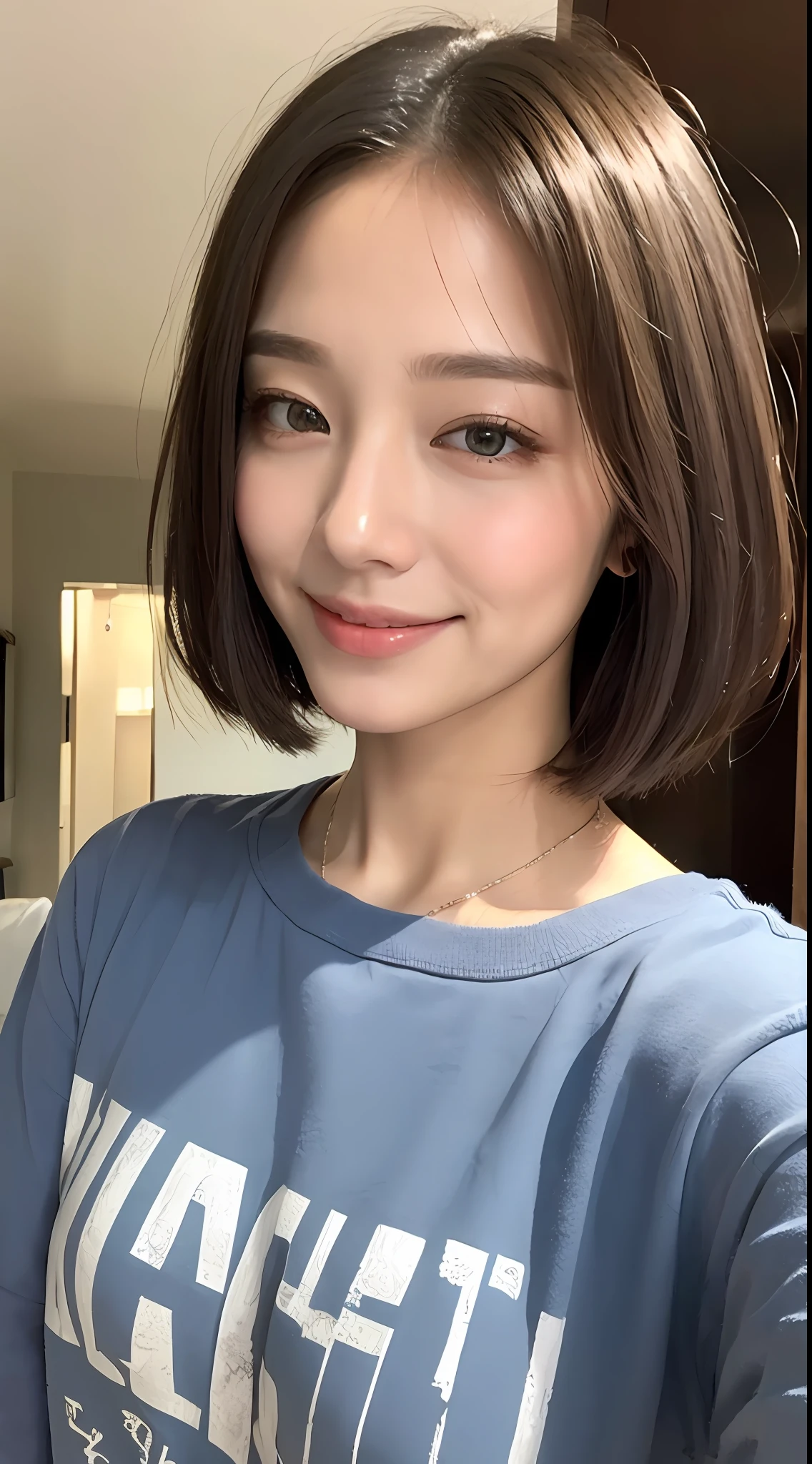((beste-Qualit、8K、masterpiece:1.3))、1girl in、Hairstyle Casual Ultra Slim Face、Delicat eyes、双眼皮、a smile、home、short-hair