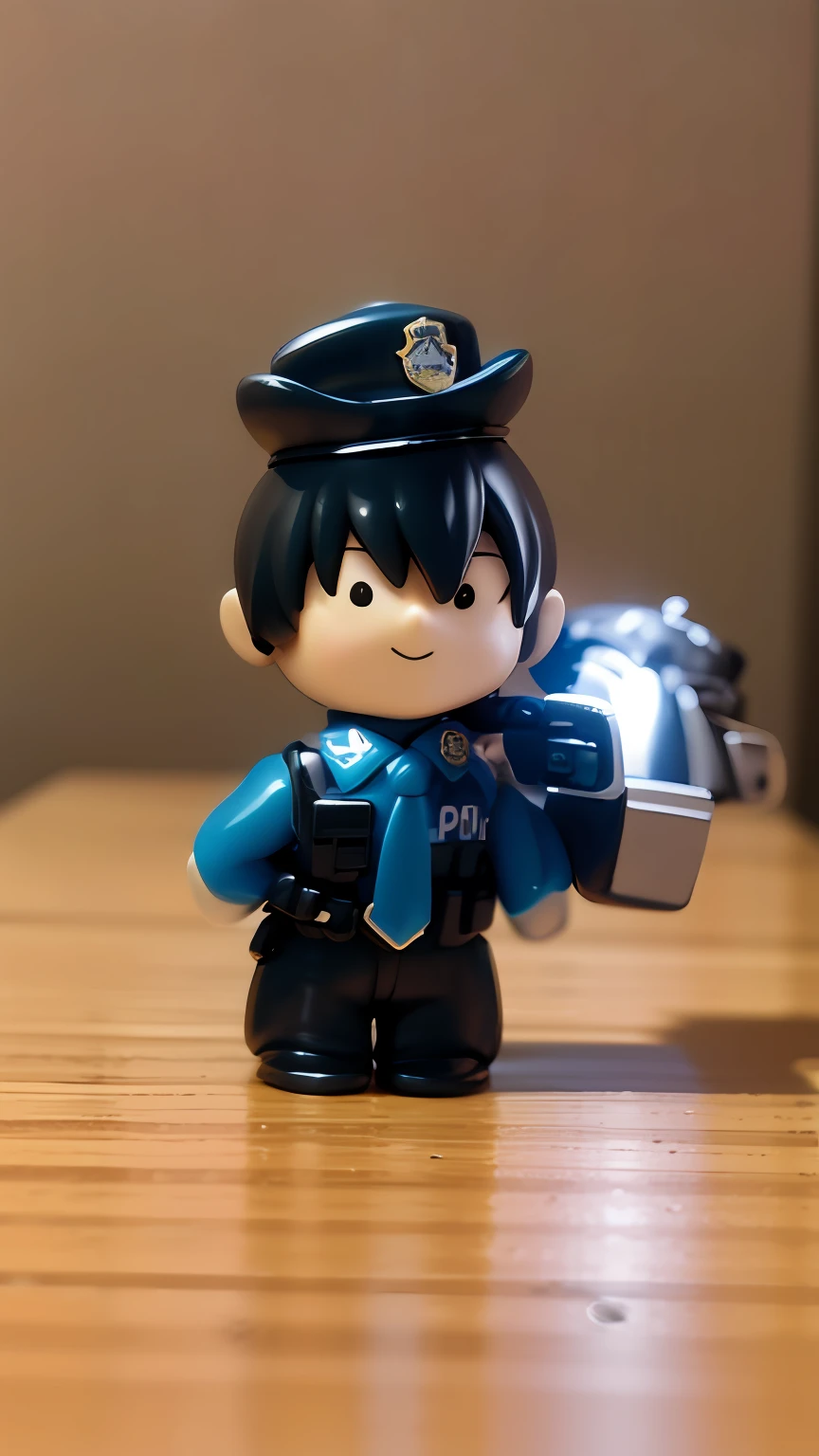 there is a toy police officer holding a gun on a table, police officers!!, scout police robot, policeman closeup, police officers, bobby, nendoroid, Character Design Police Man!!, nendroid, police officers, officer, q posket, blowing, style as nendoroid, Nendoroid 3D, kawaii swat team, Wearing a police uniform，Surrealism