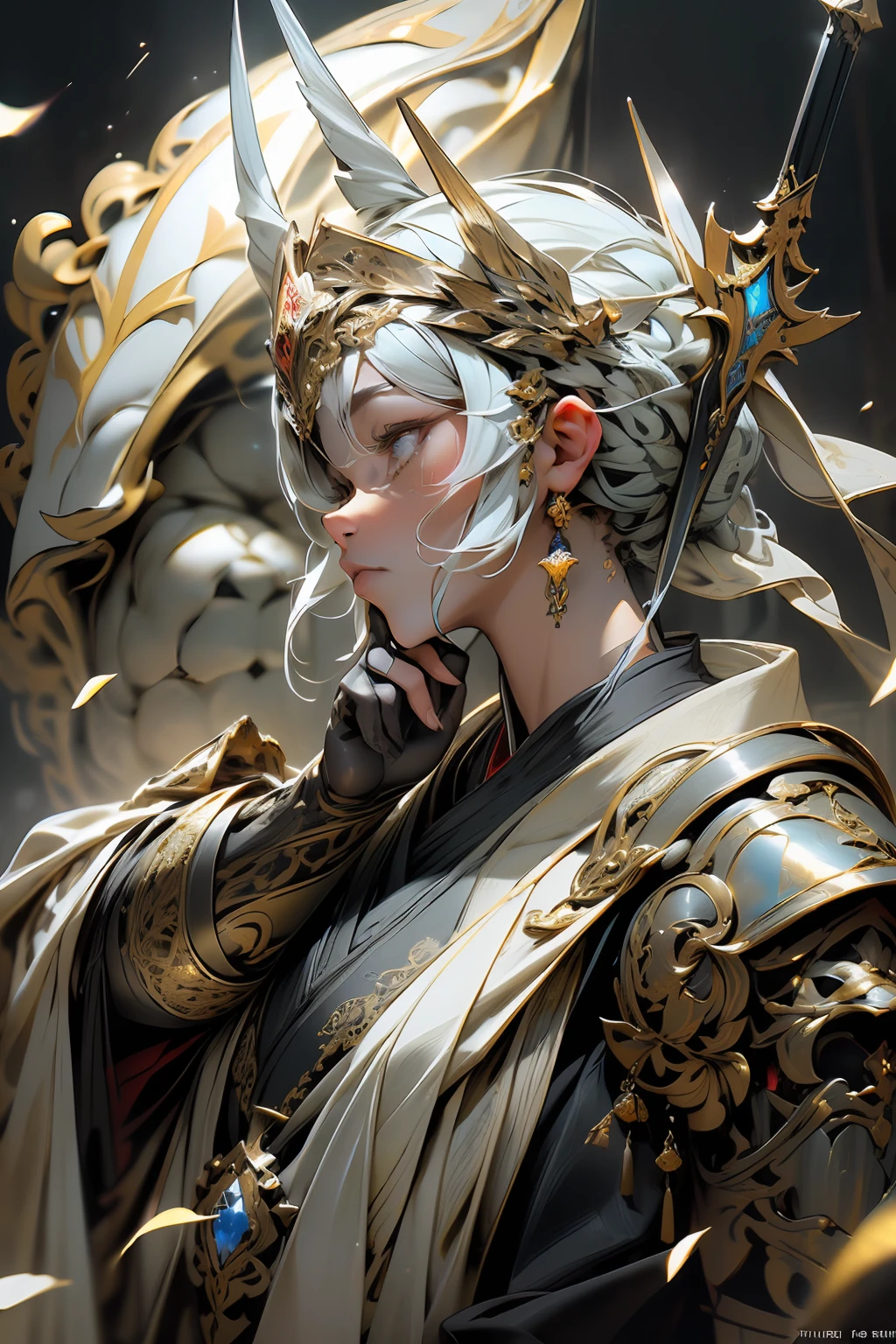 best quality, masterpiece, illustration, an extremely delicate and beautiful focus, sharp, (((HIGH CONTRAST)), absurd, realistic proportions, ((((realistic, hyperrealistic:1. 4)))), 16k hdr ,CG ,unit , ((((((1tiger)))), full character))),((((weapon), knight, rogue, paladin, medium body , ((((wearing black warrior costume)))), berserker, ranger, valkyrie, armor, dark, shadow, (((valley, landscape)),((looking at the viewer)),(((dark:1.4), deep shadow, moonlight, extremely detailed )), amazing, dramatic light, style of Yoji Shinkawa and Hyung-tae Kim,((drastic hair ornaments)),((soft light)))), (CGSociety, Intricate:1.1),symmetrical, detailed line, cinematic, psychedelic, black paper with vibrant, ornate line work, (((((symmetric)))), highly detailed, castle, (((golden ratio)),(filigree:1.4) ,((loong pattern))