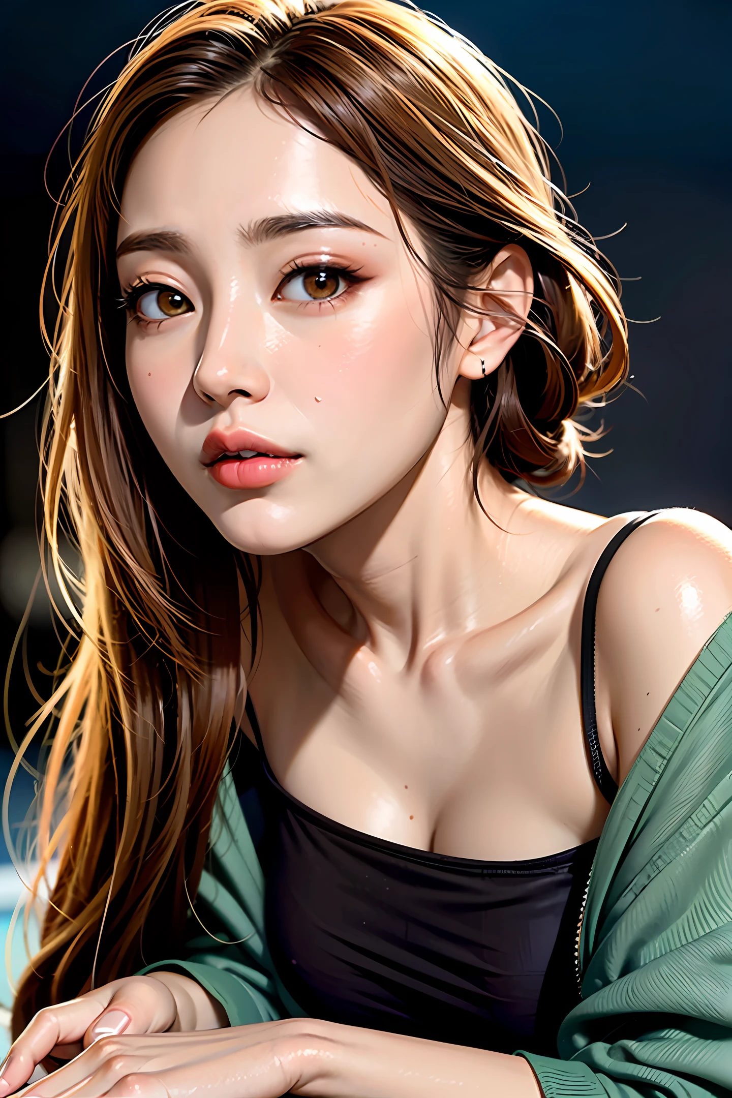 Shyness Breasts Breast Focus Attractive oval face,双眼皮,Smart Peach Blossom Eyes,redish pink lips,small-nose,exposed bare shoulders,Focus on the face,facial closeups,The ultra -The high-definition,abundantly detailed,fully body photo,Ultra-thin light transmission,Cyberpunk clothes casual,wrapped