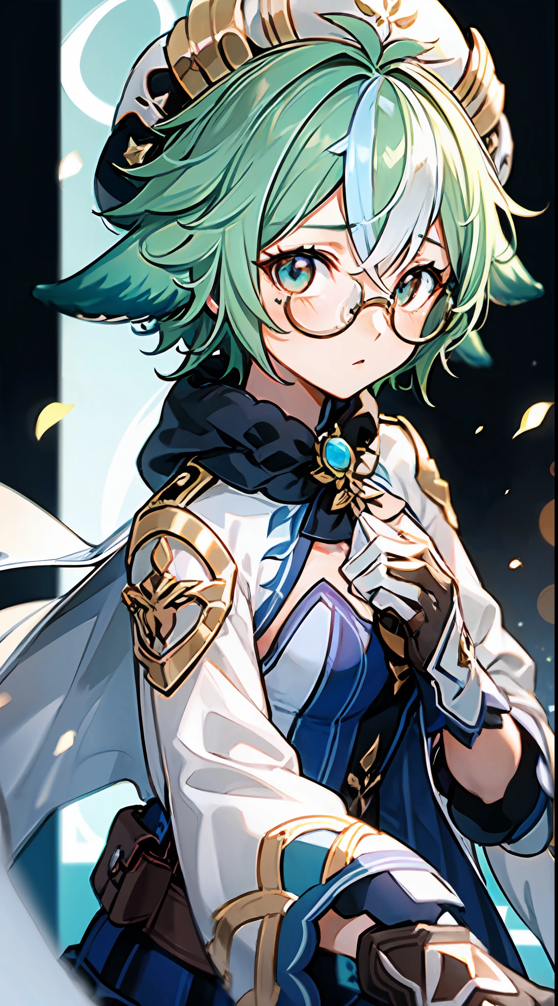 1girl, (solo:1.2), ((masterpiece)), slim, small chest, pale skin, ((detailed eyes)), (bokeh effect), (dynamic angle), dynamic pose, green hair, sucrosedef, glasses, shy, gloves, brown eyes