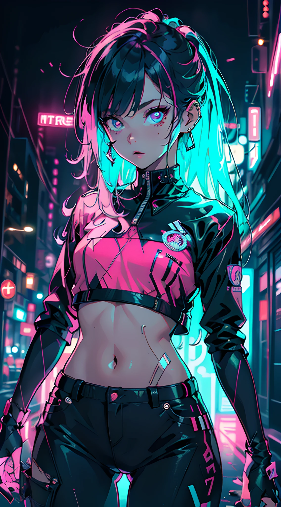 (masterpiece, best quality, dynamic pose:1.4), absurdres, cowboy shot, delicate girl, teen, , (pink and cyan theme, neon lights:1.2), (dark theme, dark background:1.4), perspective, depth of field, thighs, thin arms, thin waist, facelight, clear lighting, film grain, chromatic aberration, HDR, sharp focus, highres, photography, realistic, highest detailed, extreme detailed, ultra detailed, finely detail, detailed face, detailed eyes, sharp pupils, realistic pupils