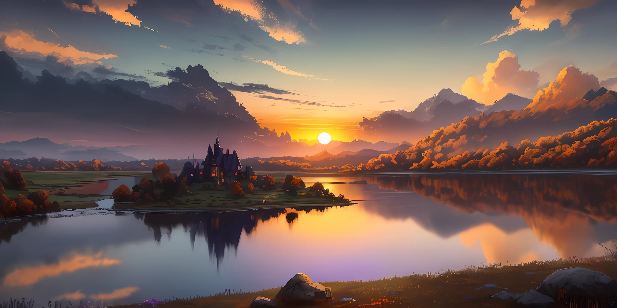 1.2 shades,the setting sun,golden colored,Mild shadows,Bright colors,Picture effects,Calm water、Fantasy atmosphere。Break,lakes、glint、Sunlit clouds,Quiet atmosphere,sun setting。Orange colors,Blue and purple twilight,hdr,primitive,Long exposure 8K HD,ultra detali,offcial art。 --v 6