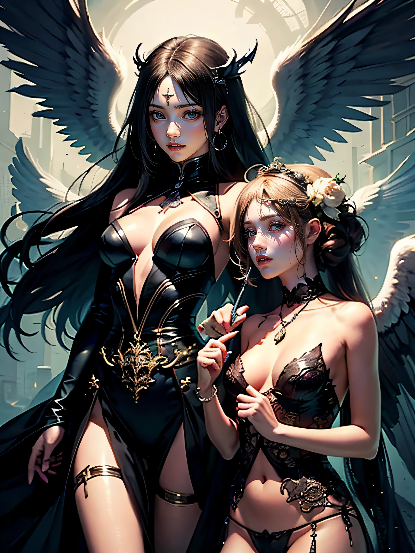 offcial art，统一 8k 壁纸，ultra detali，Beauty and aesthetics，2 girls，twintals，A holy angel dressed in white，A demon dressed in black，All with wings，Spread your wings，tmasterpiece，best quailty，（zentangle，a Mandala，Tangles，entangled），（s fractal art：1.3），2girls，abundantly detailed，dynamic angle，cowboy  shot，The most beautiful form of chaos，elegant，Fauvist design，Vivid colors of，romanticism lain，James Jean，Robbie Devi Antono，ross tran，Francis Bacon，Michal Mraz，adrian ghenie，petra cortright，Gerhard Richter，Takato Yamamoto，Ashley Wood，Atmospheric，A note of ecstasy，streaming musical notes visible