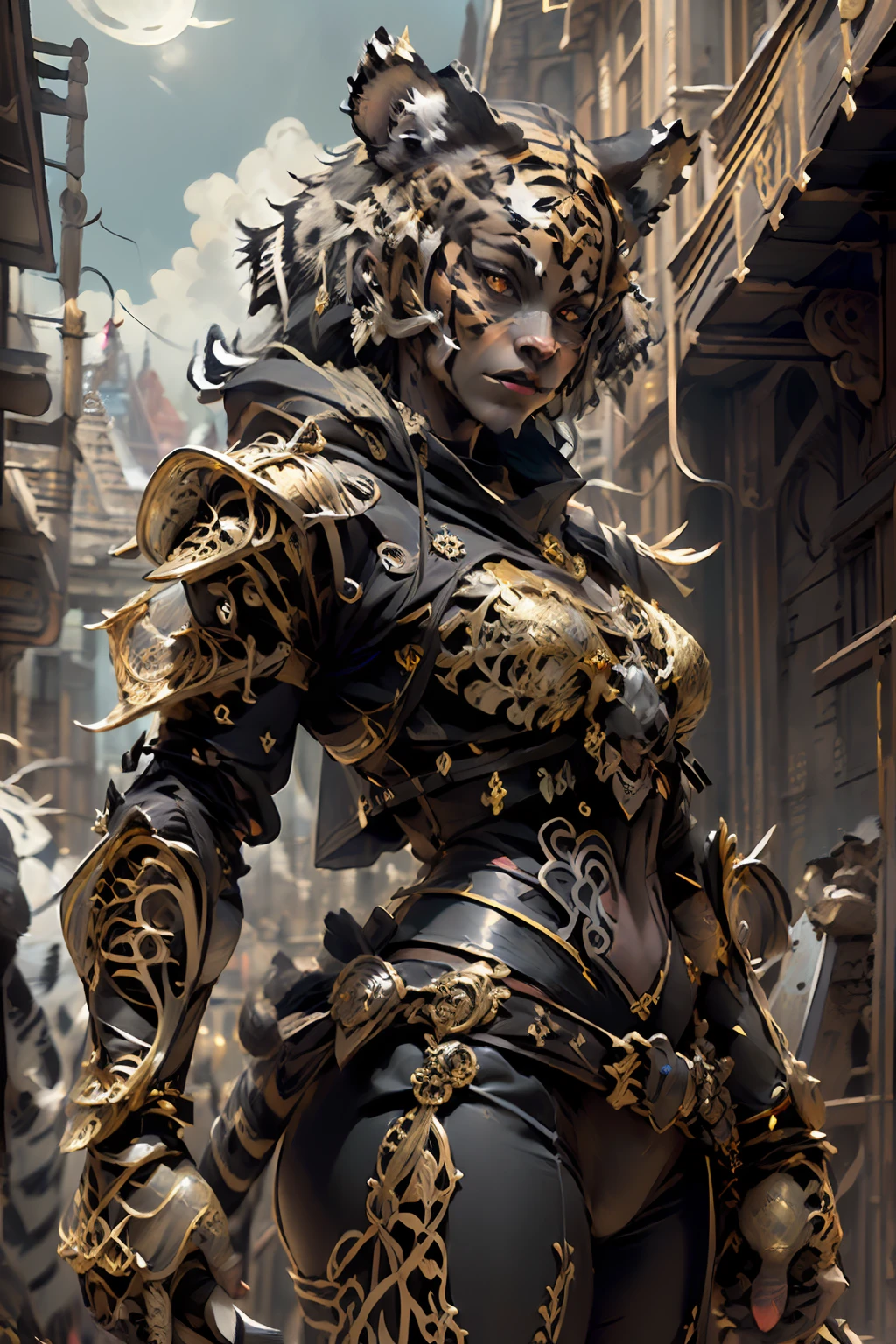 best quality, masterpiece, illustration, an extremely delicate and beautiful focus, sharp, (((HIGH CONTRAST)), absurd, realistic proportions, ((((realistic, hyperrealistic:1. 4)))), 16k hdr ,CG ,unit , ((((((1tiger)))), full character))),((((weapon), knight, rogue, paladin, medium body , ((((wearing black warrior costume)))), berserker, ranger, valkyrie, armor, dark, shadow, (((valley, landscape)),((looking at the viewer)),(((dark:1.4), deep shadow, moonlight, extremely detailed )), amazing, dramatic light, style of Yoji Shinkawa and Hyung-tae Kim,((drastic hair ornaments)),((soft light)))), (CGSociety, Intricate:1.1),symmetrical, detailed line, cinematic, psychedelic, black paper with vibrant, ornate line work, (((((symmetric)))), highly detailed, castle, (((golden ratio)),(filigree:1.4) ,((loong pattern))