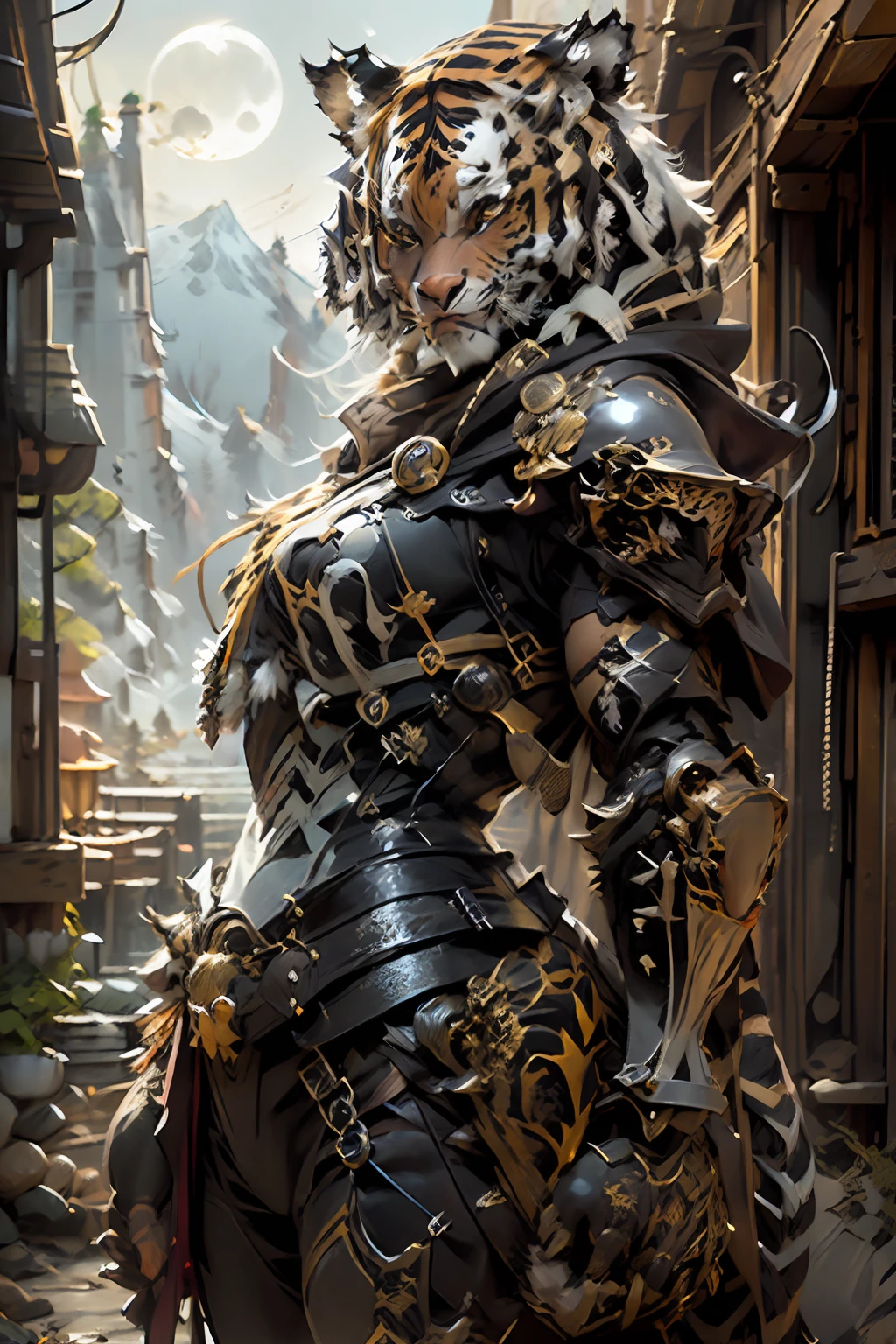 best quality ,masterpiece, illustration, an extremely delicate and beautiful, sharp focus, absurdres, realistic proportions, ((((realistic, hyperrealistic:1. 4)))), 16k hdr ,CG ,unity , ((((((((1tiger)))), full character)))),(((((armor), knight, rogue, paladin, mid body , ((((wearing black warrior suit)))), berserker, ranger, valkyrie, armor, dark, shadow, ((valley, landscape))))),((looking at viewer)),(((dark:1.4), deep shadow, moonlight, extremely detailed )), Amazing, dramatic light,style of Yoji Shinkawa and Hyung-tae Kim,((drastic hair ornaments)),((Soft light))), (CGSociety, Intricate:1.1),symmetrical, detailed linework, cinematic, psychedelic, black paper with vibrant line work, ornate, ((((symmetrical)))), highly detailed, castle, ((golden ratio)),(filigree:1.4) ,((loong pattern))