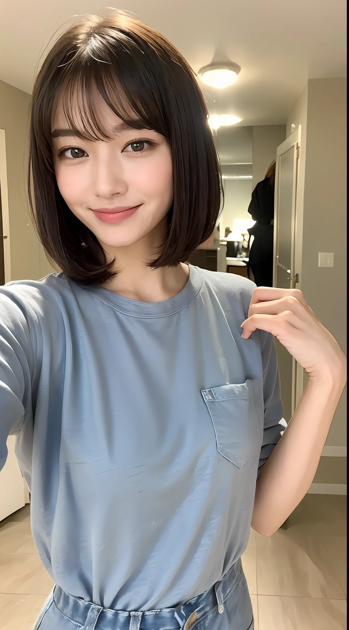 ((beste-Qualit、8K、masterpiece:1.3))、1girl in、Hairstyle Casual Ultra Slim Face、Delicat eyes、双眼皮、a smile、home、short-hair