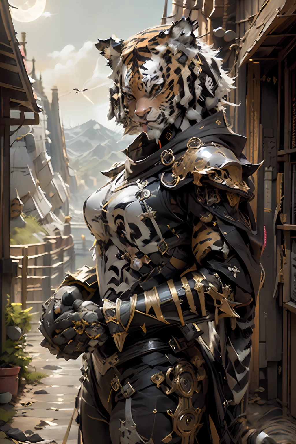 best quality ,masterpiece, illustration, an extremely delicate and beautiful, sharp focus, absurdres, realistic proportions, ((((realistic, hyperrealistic:1. 4)))), 16k hdr ,CG ,unity , ((((((((1tiger)))), full character)))),(((((armor), knight, rogue, paladin, mid body , ((((wearing black warrior suit)))), berserker, ranger, valkyrie, armor, dark, shadow, ((valley, landscape))))),((looking at viewer)),(((dark:1.4), deep shadow, moonlight, extremely detailed )), Amazing, dramatic light,style of Yoji Shinkawa and Hyung-tae Kim,((drastic hair ornaments)),((Soft light))), (CGSociety, Intricate:1.1),symmetrical, detailed linework, cinematic, psychedelic, black paper with vibrant line work, ornate, ((((symmetrical)))), highly detailed, castle, ((golden ratio)),(filigree:1.4) ,((loong pattern))