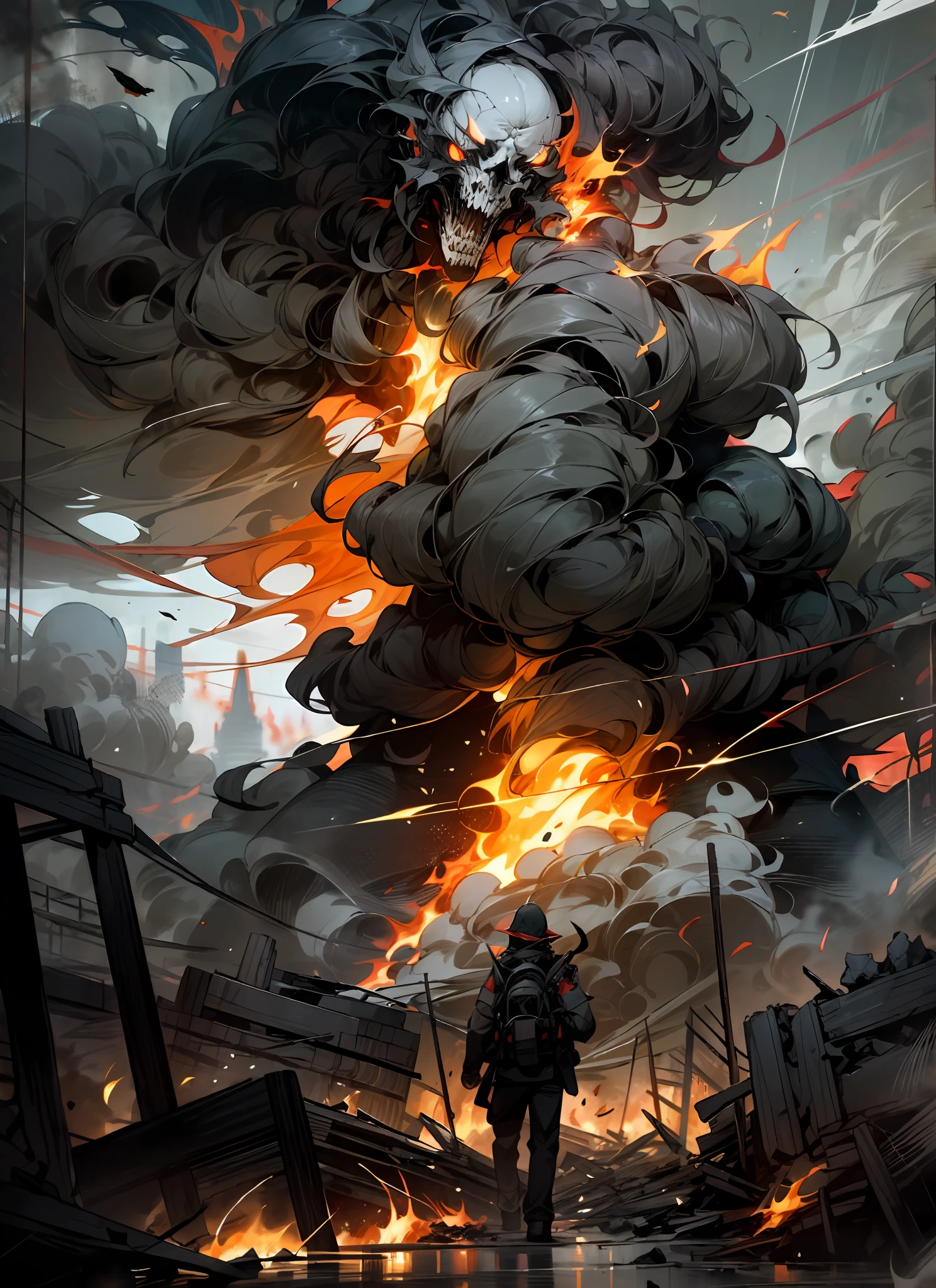 (masterpiece, best quality), intense and dramatic, raging inferno, apocalyptic, chaos and destruction, flames engulfs everything, (dark and ominous atmosphere), smoky haze, wide angle shot