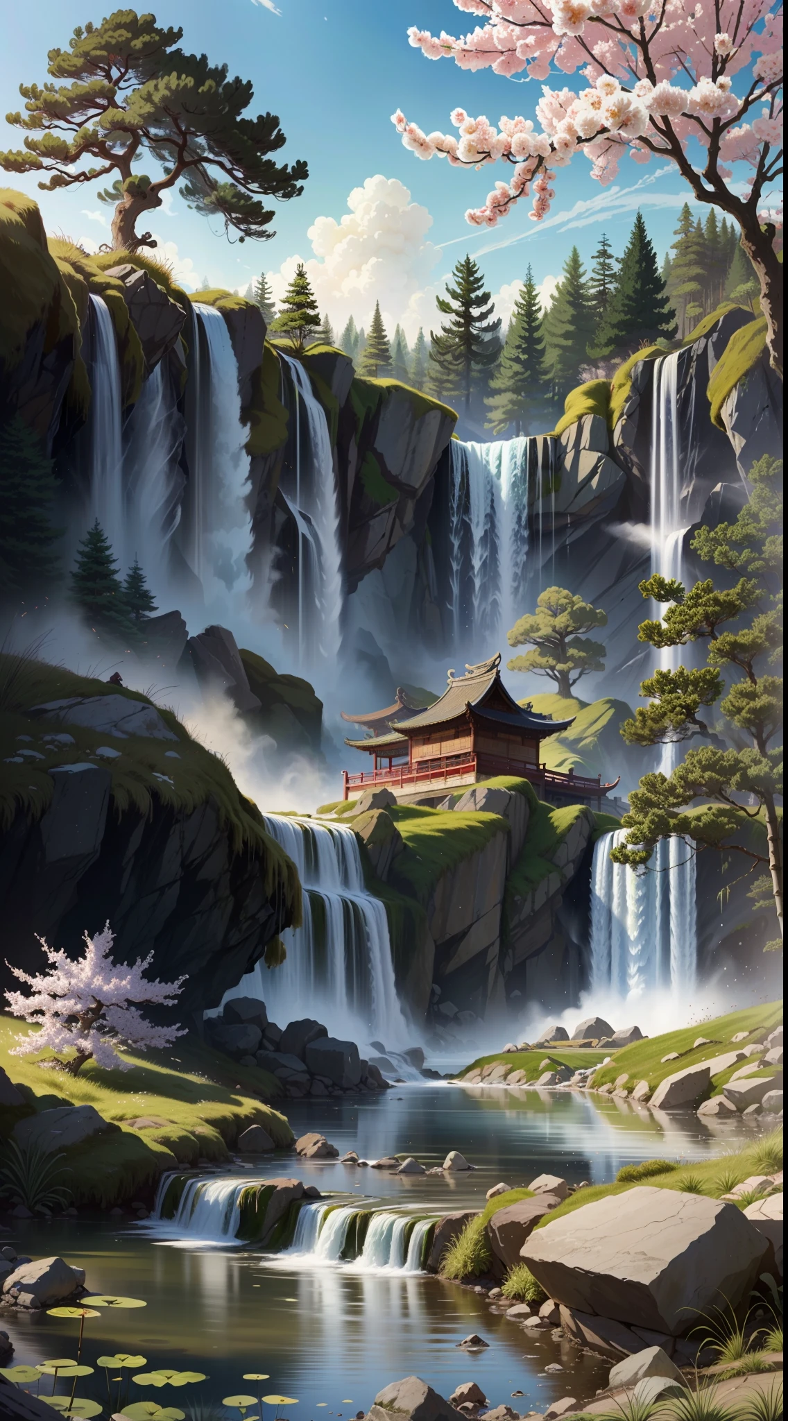 Ancient Chinese architecture, winter, plum blossoms, bamboo, lake, stone bridge, rockery, arch, corner, tree, tap water, landscape, waterfall, meadow, rock, water lily, hot springs, water vapor, (illustration: 1.0), epic composition, realistic lighting, high-definition detail, masterpiece, best quality, (very detailed CG unified 8k wallpaper)