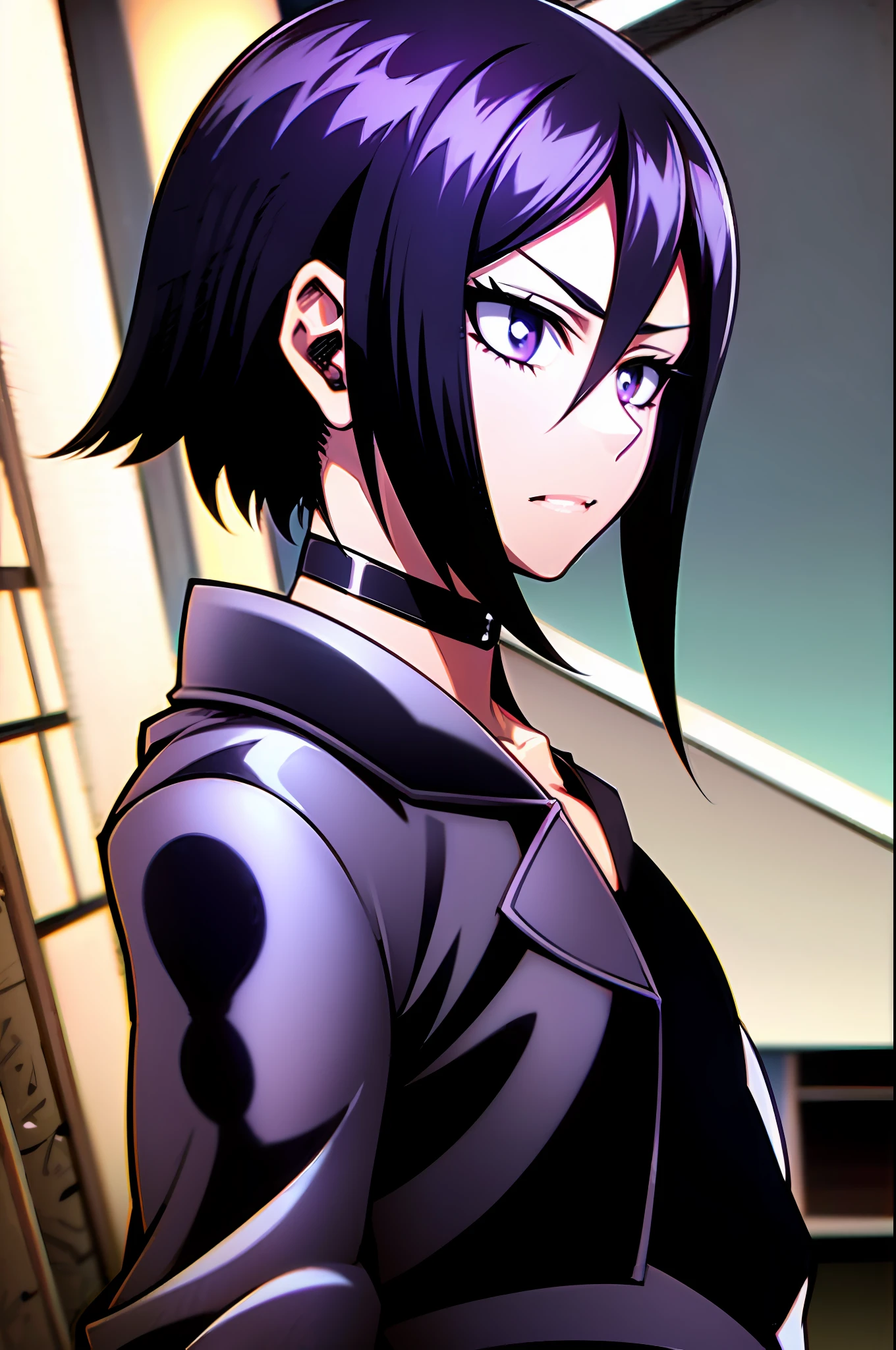 1girl, purple eyes and dark purple hair, bob cut, medium length haircut, black leather jacket, long red-colored shirt with several rips at the collar and hem, black pants, black choker, (bleach and boku no hero academia style), (illustrated by Kohei Horikoshi and Tite Kubo), (style mixing), Kyoka Jiro, Rukia Kuchiki, (character mixing)