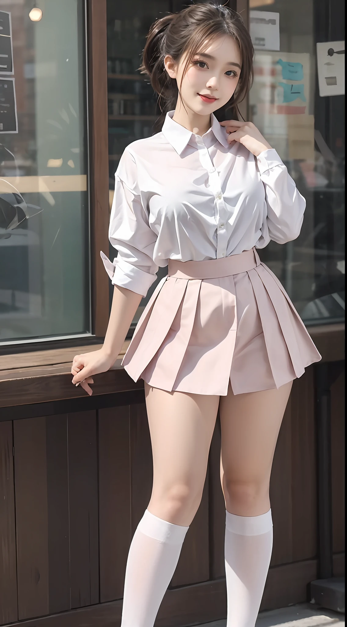 (RAW photogr:1.2), (Photorealistic:1.4), 1girl huge large breasts, 18 years old,lovly,dollface,The most beautiful goose egg face girl,Fleshy on the face,With a smile,beautiful detailed girl, very detailed eyes and faces, Beautiful detailed eyes, hugefilesize, ultra detali, A high resolution, abundantly detailed,best quailty,tmasterpiece,illustratio,abundantly detailed,CG,unified,8K wallpapers,Amazing,finely detailled,tmasterpiece,best quailty, Wallpapers,light in face,Movie lighting tops:Pink pinstripe shirt、White skirt、Sweet Bunny High Socks、Pink leather shoes(No leakage),The body is fleshy,(looking to the camera),Black ponytail,Slightly fat 0.8,Small chest A,perfect body figure,Standing position,Medium view,Random beauty in the background。