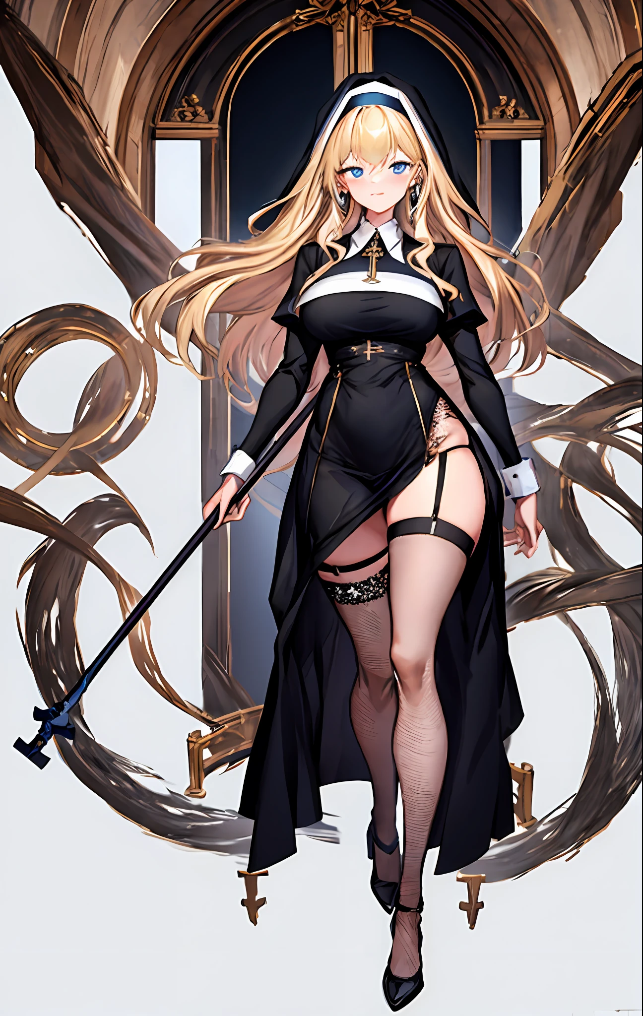 masterpiece,1girl, blonde hair, blue eyes, breasts, fishnet legwear, fishnets, full body, garter belt, garter straps, habit, halberd, high heels, highleg, holding, cross, jewelry, large breasts, long hair, looking at viewer, nun, polearm, simple background, solo, , thighhighs, very long hair, weapon, white background