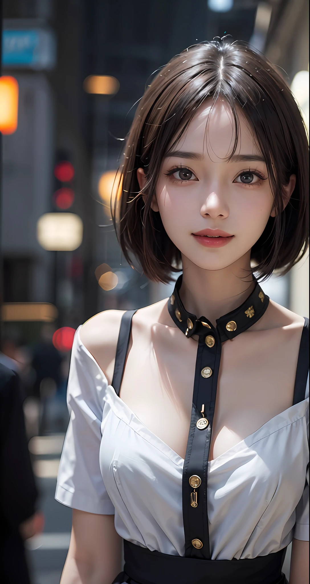 Masterpiece, 1 Beautiful Girl, Detailed, Swollen Eyes, Top Quality, Ultra High Resolution, (Reality: 1.4), Original Photo, 1Girl, Cinematic Lighting, Smiling, Japanese, Asian Beauty, Korean, Clean, Super Beautiful,  Young Face, Beautiful Skin, Slender, Cyberpunk Background, (ultra realistic), (high resolution), (8K), (very detailed), (best illustration), (beautifully detailed eyes), (super detailed), (wallpaper), (detailed face), viewer looking, fine detail, detailed face, pureerosfaceace_v1, smiling, 46 point slanted bangs, looking straight ahead, neat (fashionable, plain, folded collar, irregular, shirt feeling, date dress), body facing front, realistic photo,