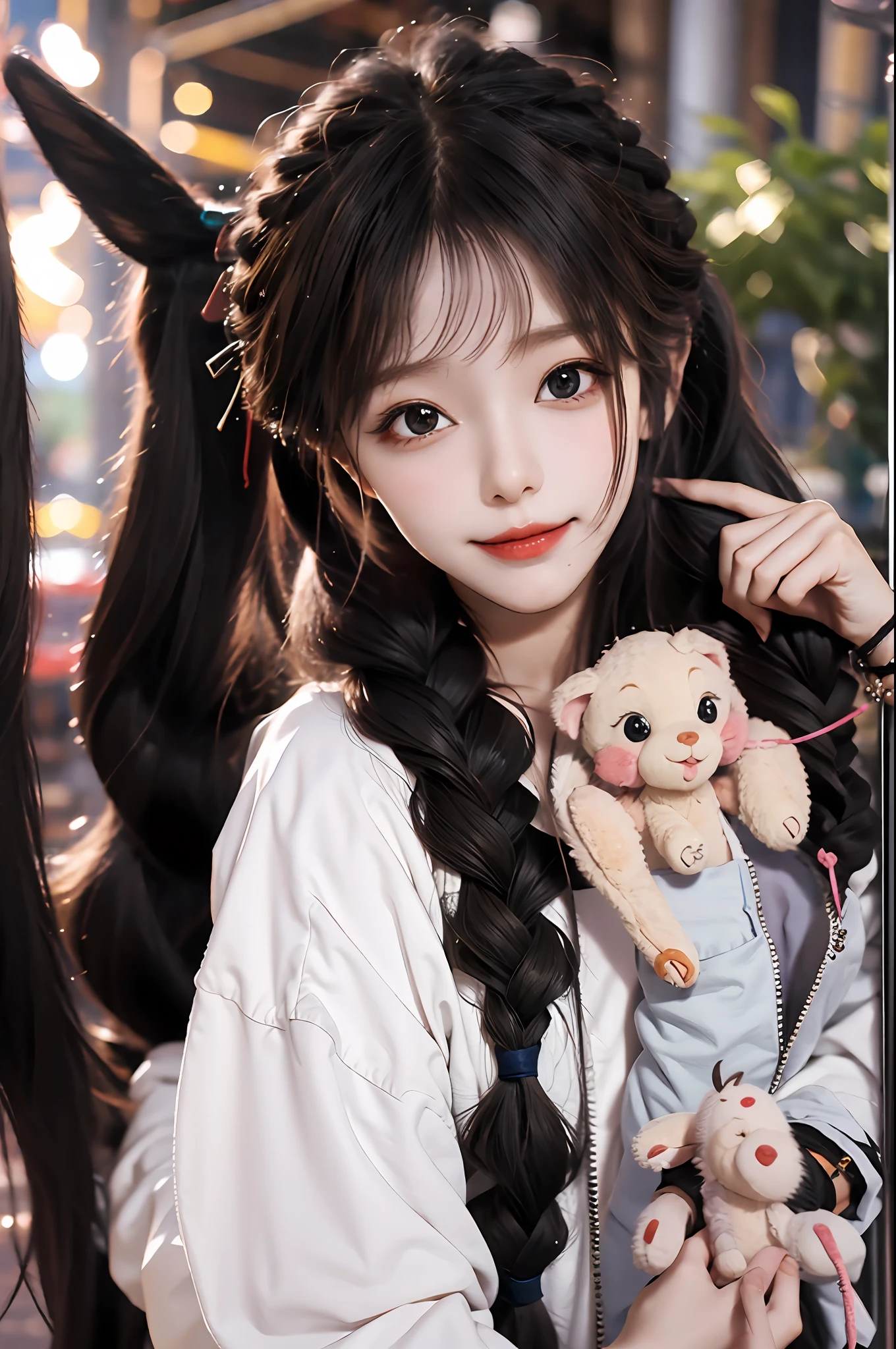 girl,kitty,dreamer, whimsical, wide-eyed, blushing face, rainbow braids, playful,oversized sweater, kawaii coverage, cotton,magic kingdom, park, joy, quest,