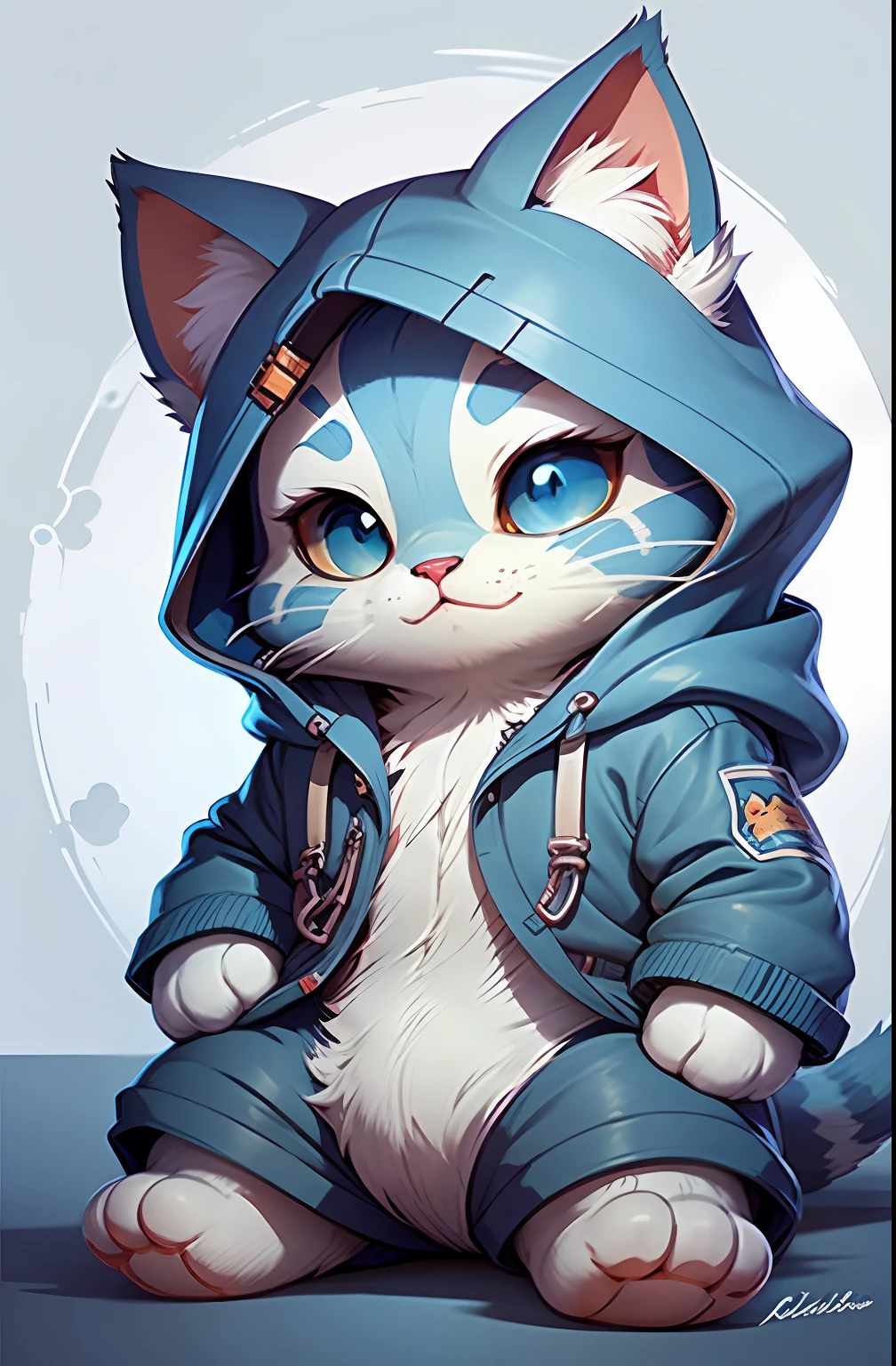 Cute English short blue cat c4tt4stic，Dressed in a blue and white coat，with smile，Lie quietly on the soft cushions，The eyes are gentle and happy，The dark blue gradient background on the back blends perfectly with the cat's coat color。