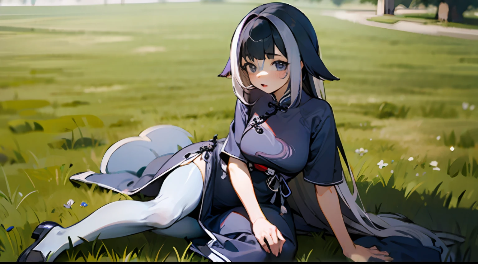 Girl sitting on the grass in a long qipao dress and tights