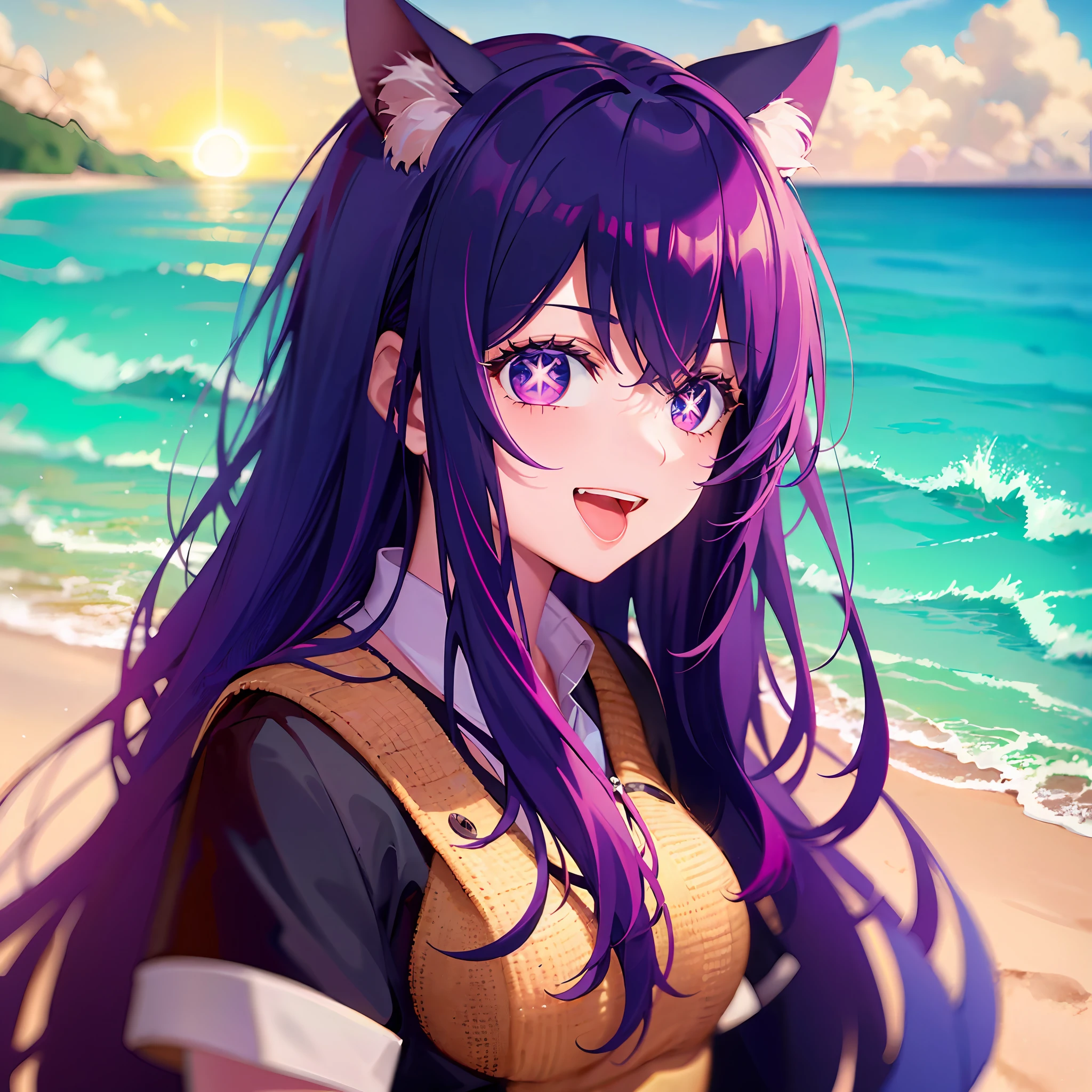 A girl with，There is a five-pointed star in the eye，Long purple hair，school uniformss，Look at viewers，having fun，Cheerful，best quailty，8K，beachside，sunraise