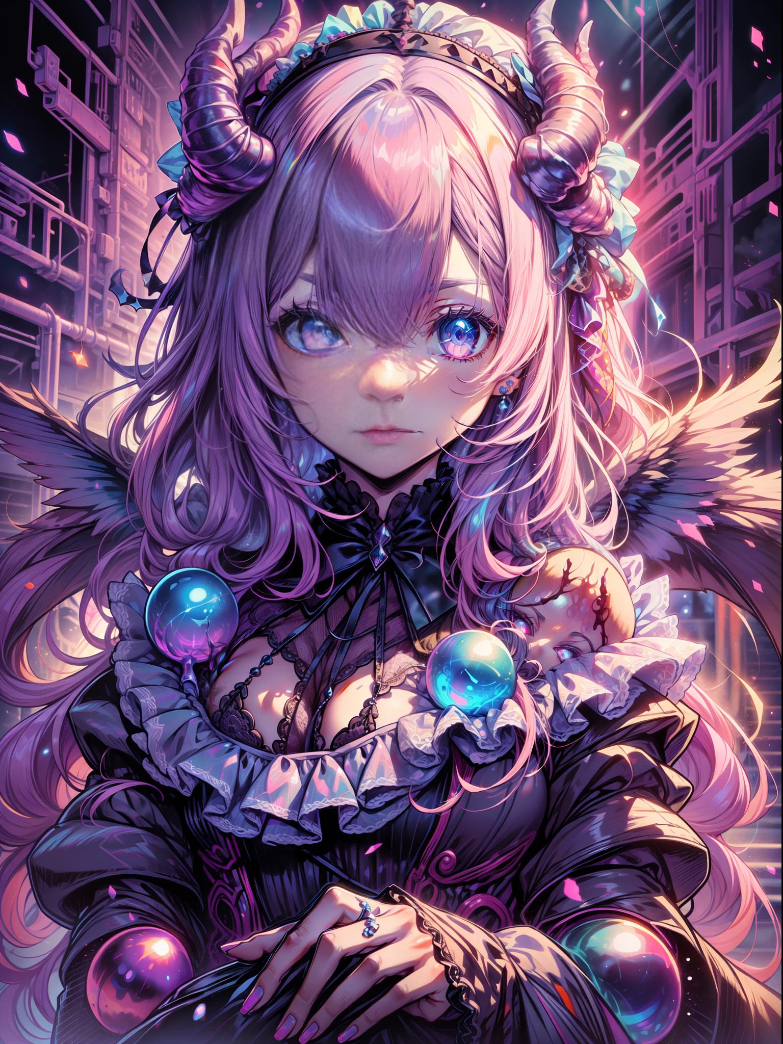 Pearls adorned with Gothic lolita dresses and hair accessories, And hair dyed in bloody color, With shining pink eyes that play innocently, detailed eyes, A beautiful girl who is somehow mysterious like a devil, devil's horns, devil's wings,