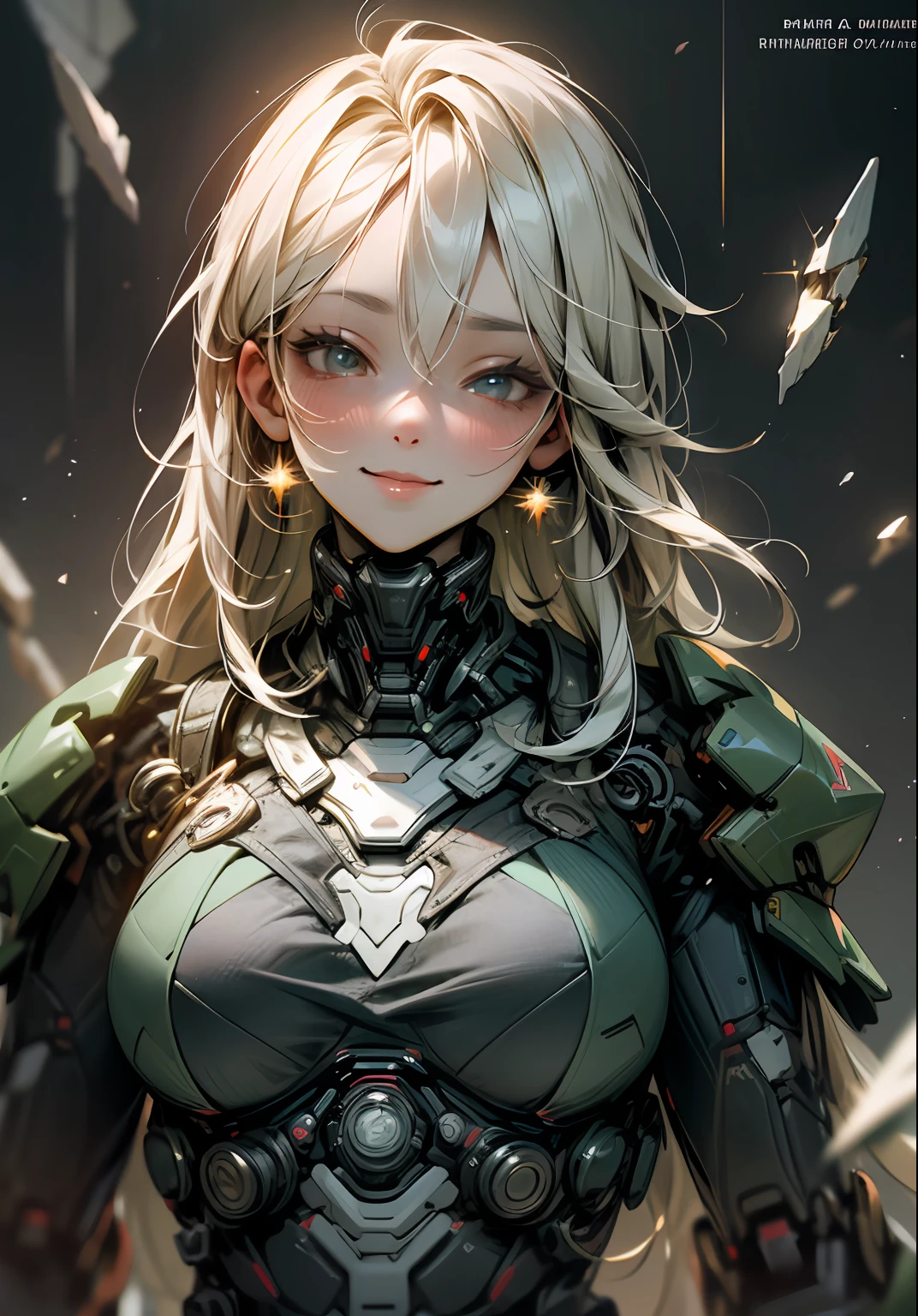 best quality, masterpiece, highres, broken glass shards, reflective, glitter, plasma particles, techno-ninja clothing, fresh egdy, smile, woman, breasts, neckline, long hair, sexy, intricate, cinematic, macha, robotic, futuristic, advanced, perfect female anatomy, matrix, cybernetic, hydraulic, militaristic, cloths, robes, closeup, rogue, super soldier, beauty