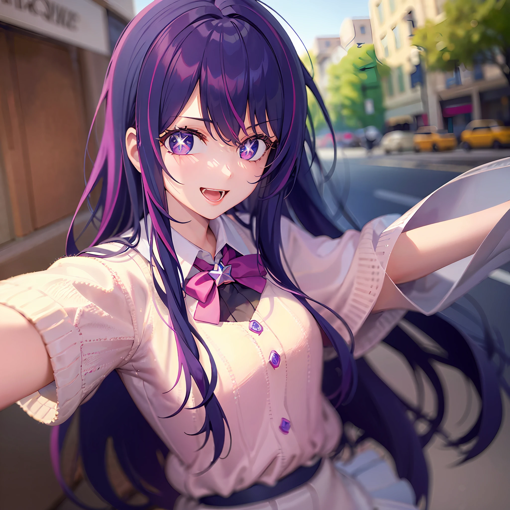 A girl with,There is a five-pointed star in the eye,Long purple hair,school uniformss,Look at viewers,having fun,Cheerful,best quailty,8K,the street,photographed,Selfie pose