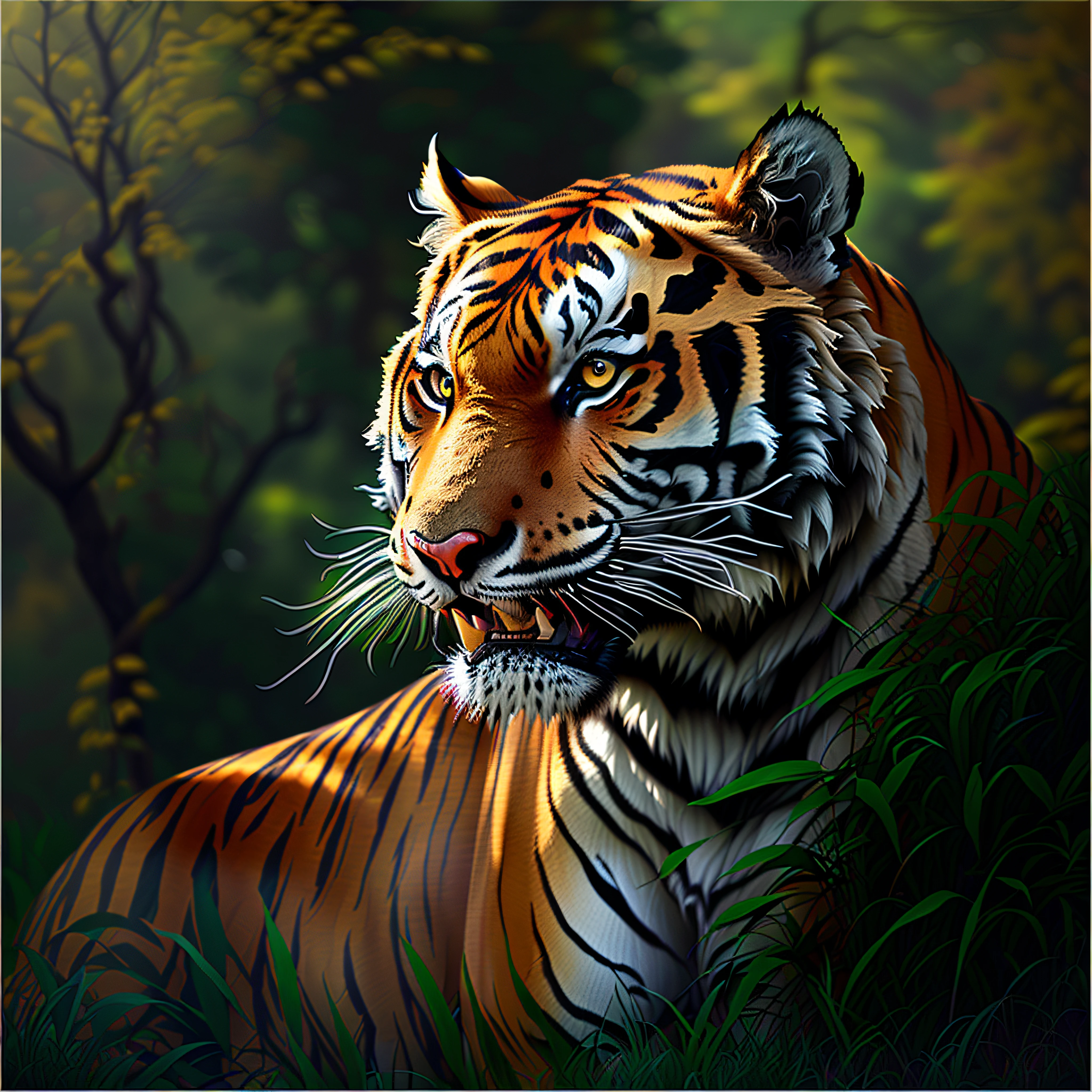 painting of a tiger in the wild with a forest background, a tiger, very detailed digital painting, ((a tiger)), very detailed digital painting, digital art animal photo, detailed beautiful animals, a tiger_beast, digital airbrush painting, looking majestic in forest, airbrush digital oil painting, very detailed digital painting, Stunning digital painting, sacred tiger, a tiger