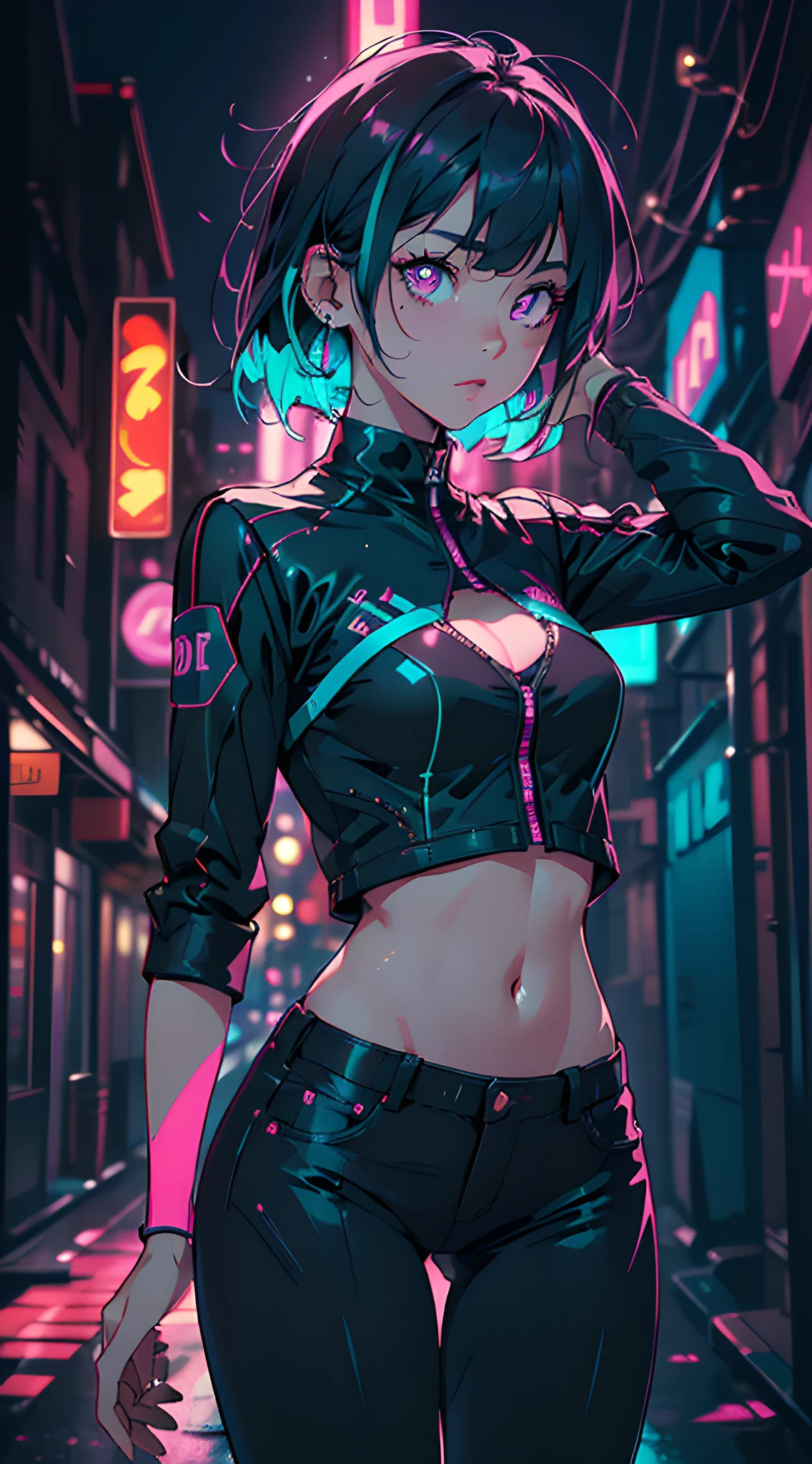 (masterpiece, best quality, dynamic pose:1.3), absurdres, cowboy shot, delicate girl, teen, , (pink and cyan theme, neon lights:1.1), (dark theme, dark background:1.3), perspective, depth of field, thighs, thin arms, thin waist, facelight, clear lighting, film grain, chromatic aberration, HDR, sharp focus, highres, photography, realistic, highest detailed, extreme detailed, ultra detailed, finely detail, detailed face, detailed eyes, sharp pupils, realistic pupils