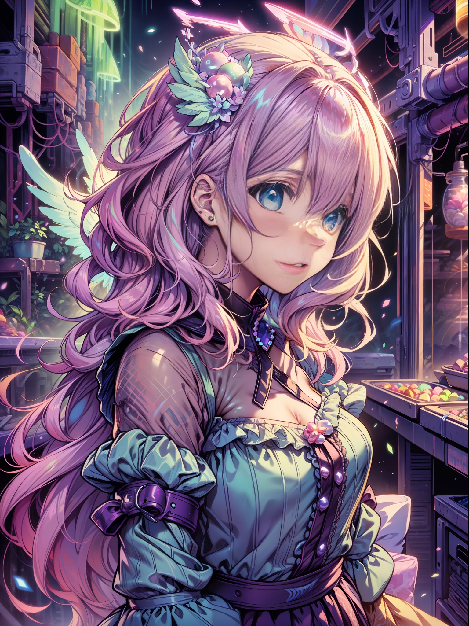 Pearls adorned with pastel pink dresses and hair accessories、Ren Hao、And hair dyed in candy color。With shining green eyes that play innocently、detailed eyes, A beautiful girl who is somehow mysterious like a angel, The halo, the angel's wings,
